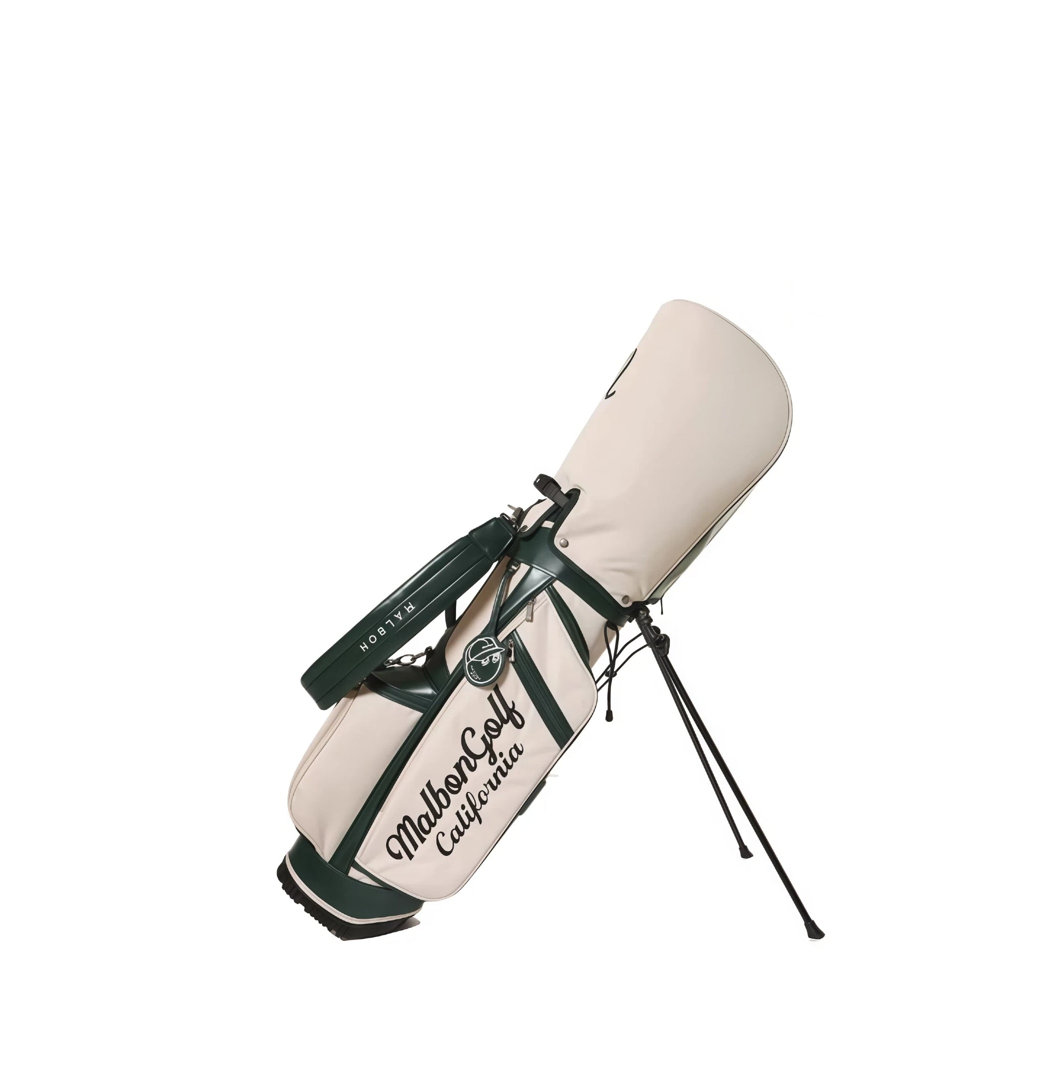 Malbon Fashion Golf Stand Bag in beige and green with “Malbon Golf California” script embroidery, dual stand legs, and magnetic closure - large capacity design for universal fit and stylish club protection