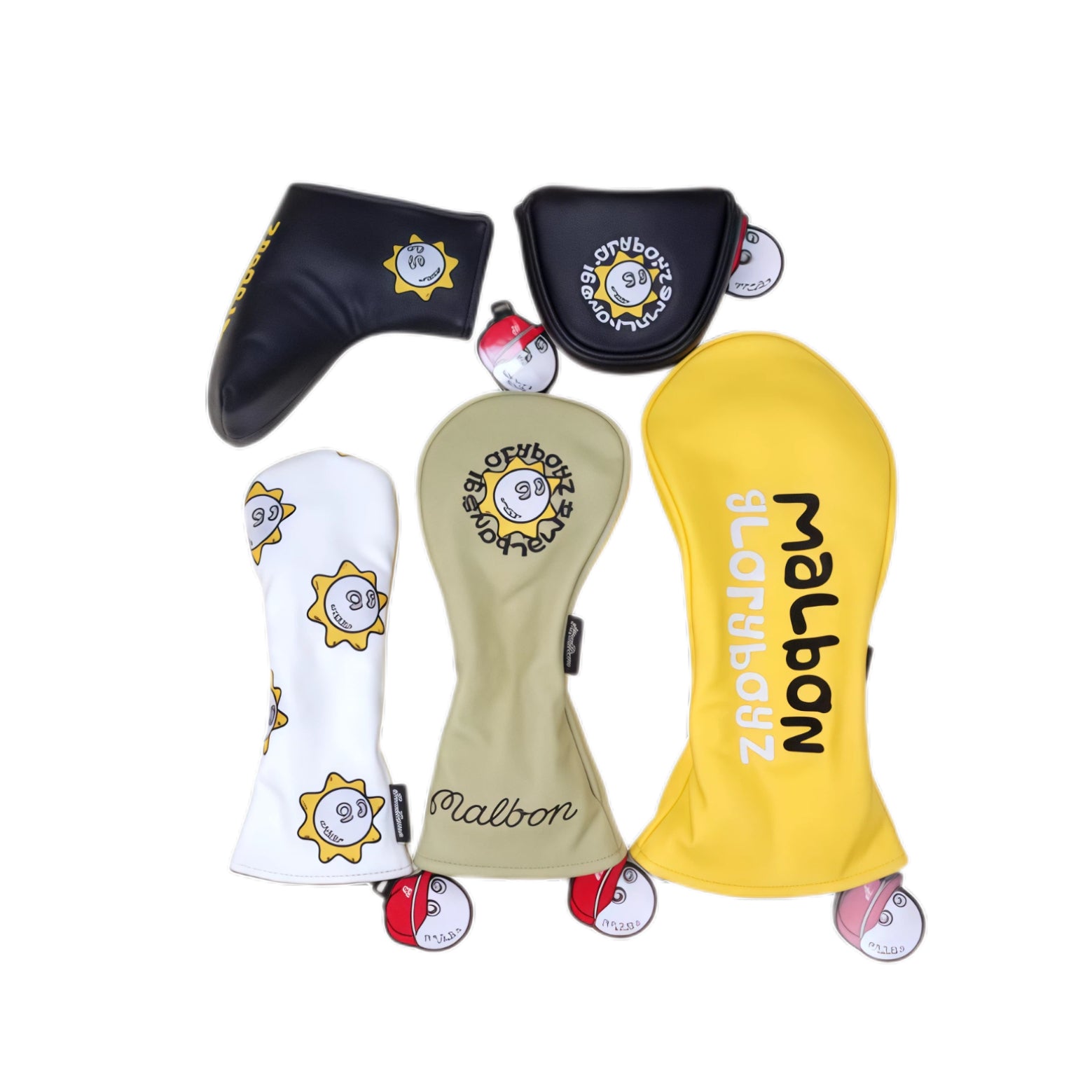 Full Malbon Gloryboyz golf headcover set: three driver covers (white/beige/yellow), two black putter covers with sun logos, and matching magnetic ball accessories — showcasing premium double-sided embroidery and strong magnetic closure system.