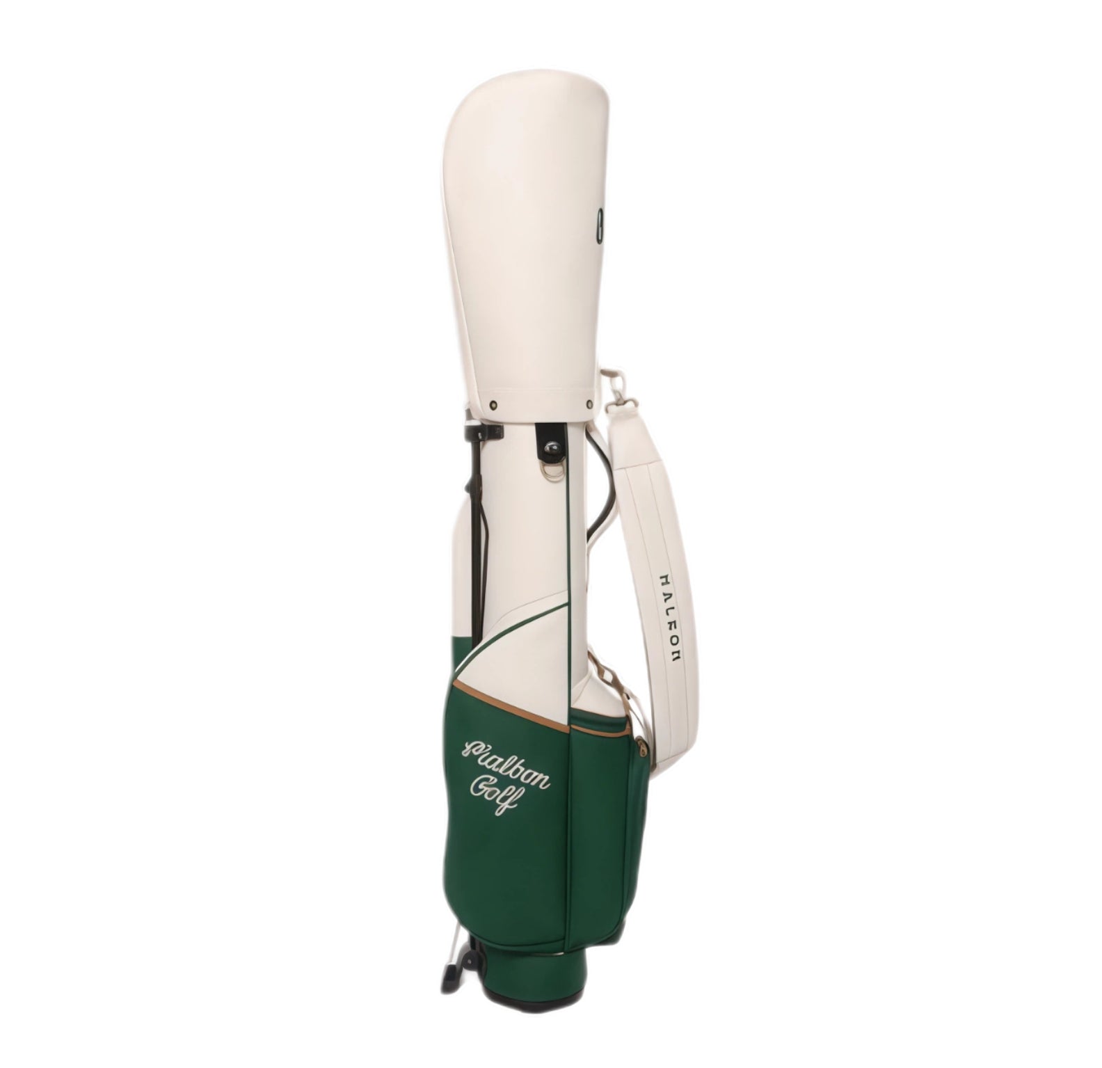 Back view of Malbon Golf "Amongst the Cypress" caddy bag highlighting clean lines, secure zip closure, padded shoulder strap labeled “MALBON”, and lightweight build.