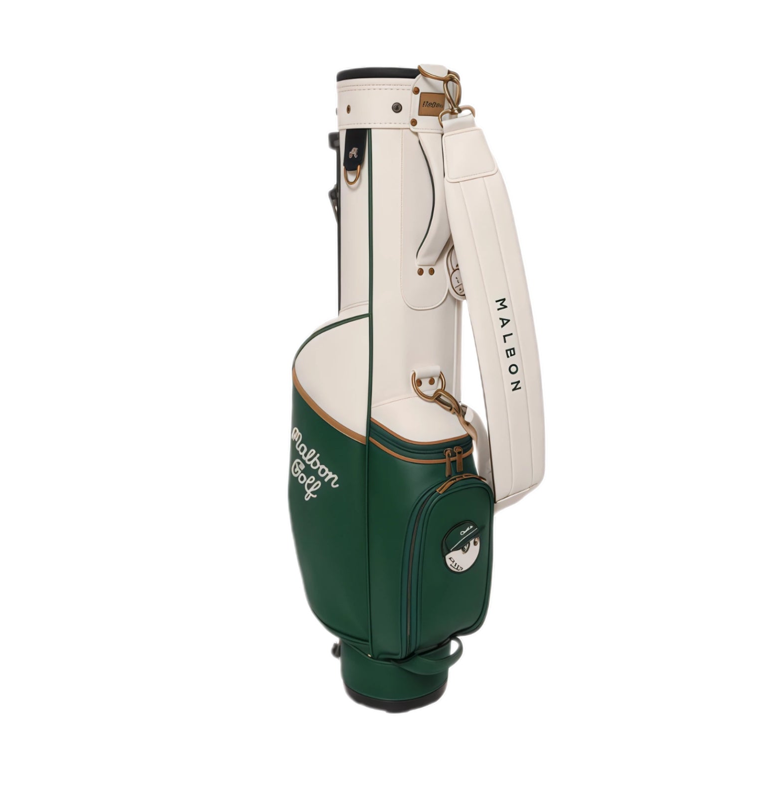 Side view of Malbon Golf caddy bag highlighting lower storage pocket with cartoon golf ball patch, water-resistant PU leather, and sleek green and cream design.