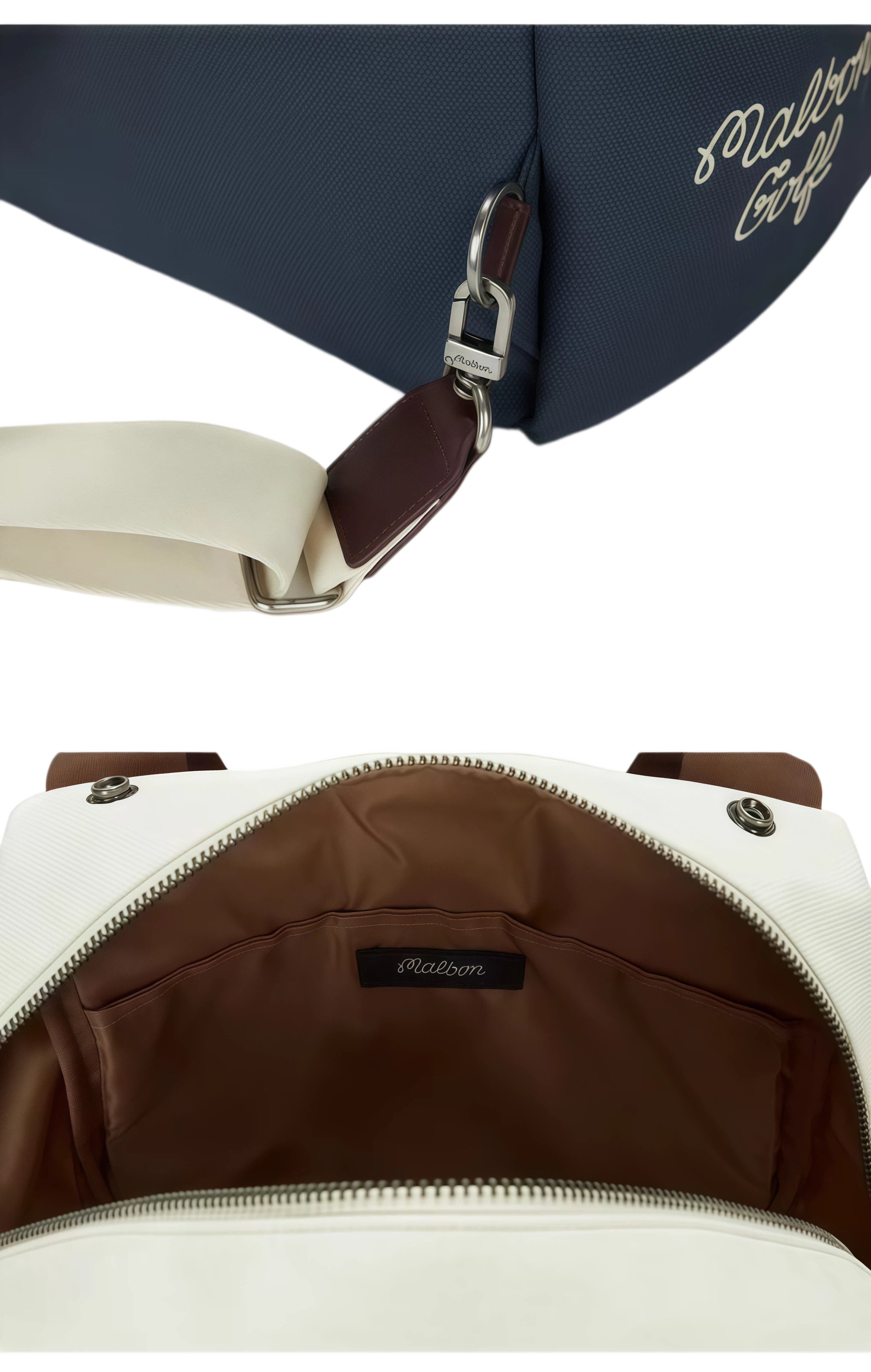 Close-up of the Malbon backpack front compartment with zippered pocket and magnetic snap flap. Brown leather-like accent and branded zipper pull for sleek style.