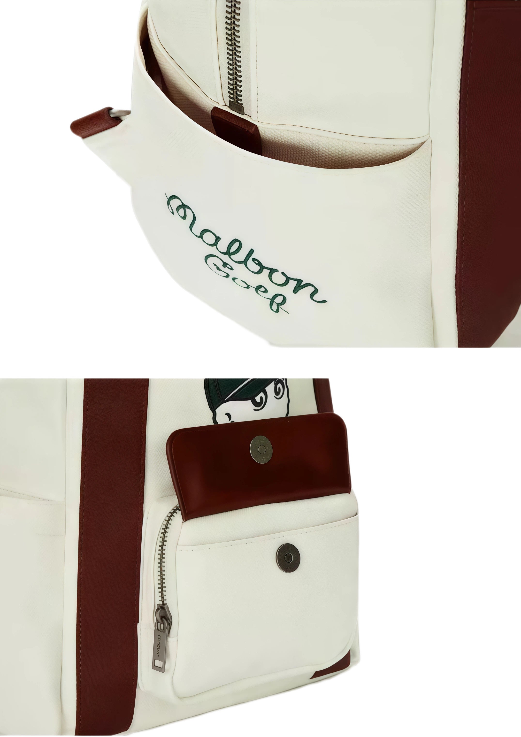 Detail shot of the Malbon backpack side pocket featuring "Malbon Golf" cursive embroidery and secure zipper closure. Functional design with extra storage.