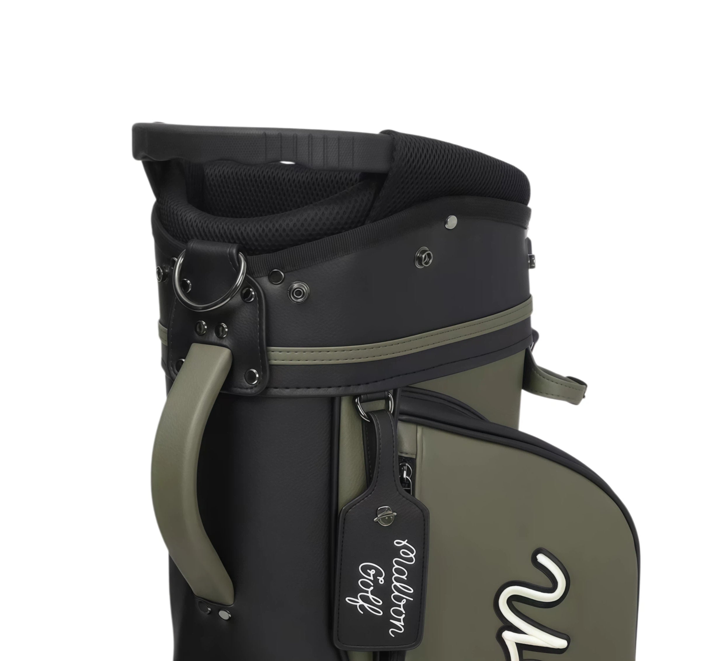 Close-up of Malbon golf stand bag top opening showing padded handle, reinforced stitching, and internal club dividers for organized storage.