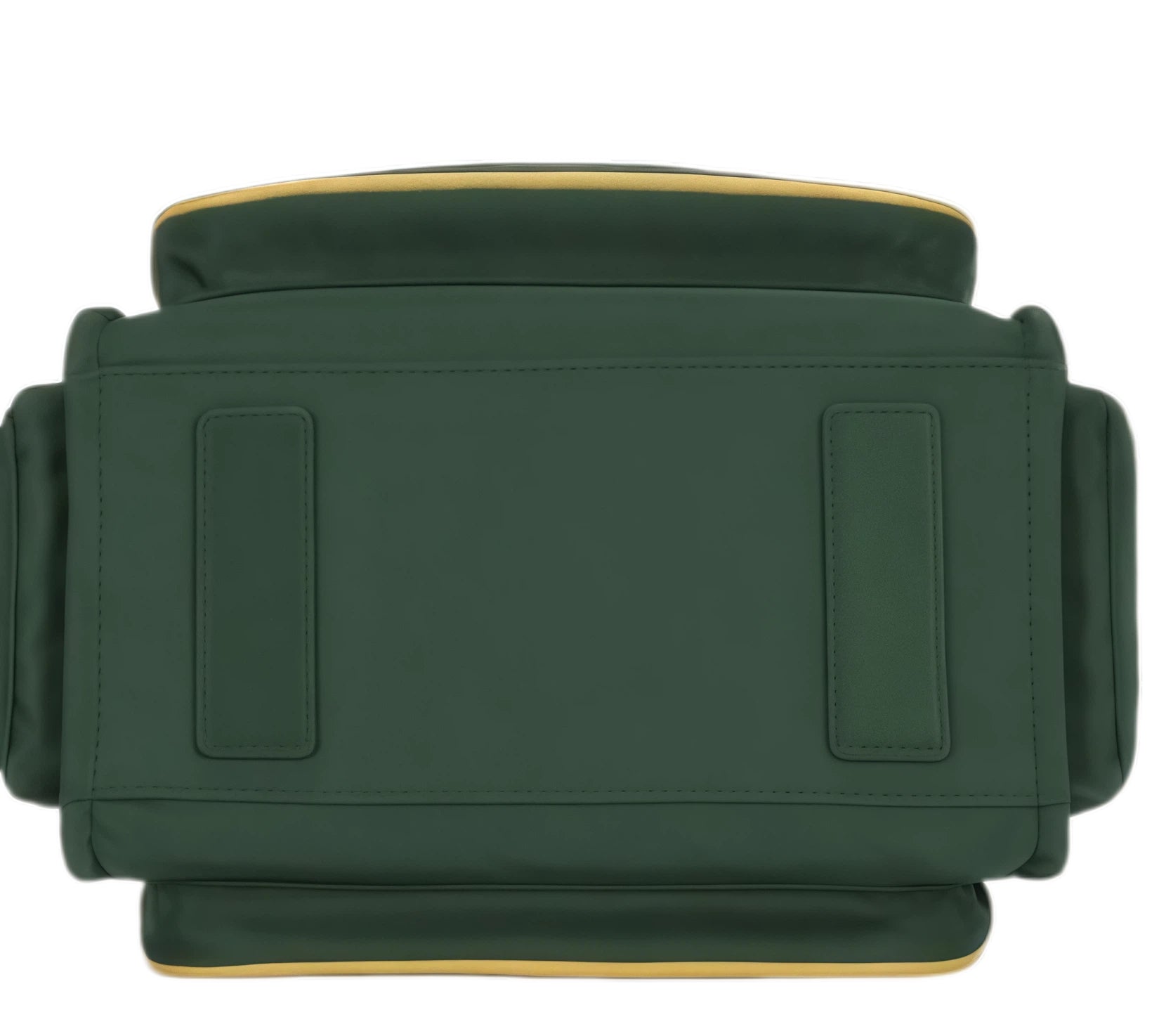 Top-down view of Malbon golf bag showing sturdy structure, reinforced base with yellow stitching, and padded bottom for durability and protection.