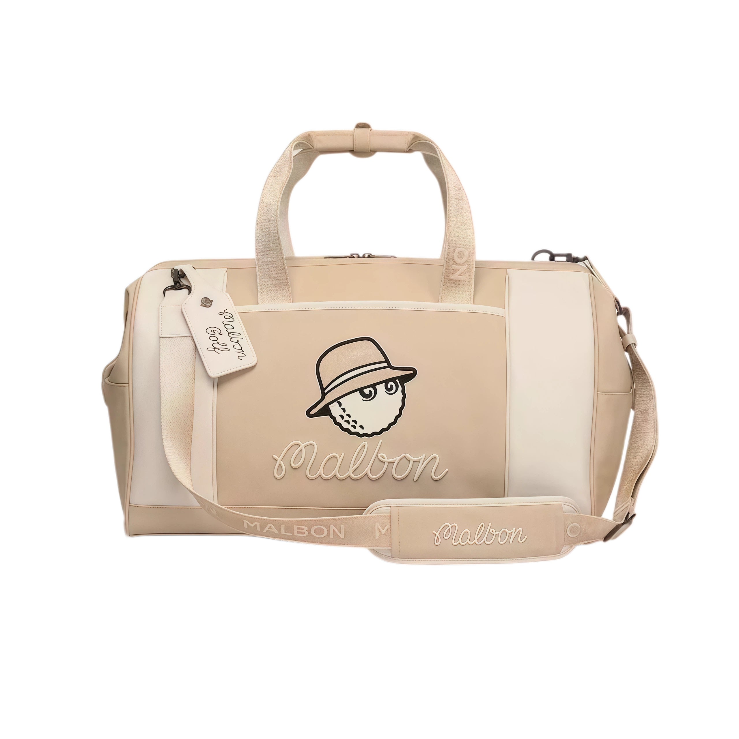 Beige Malbon duffle bag with cartoon golf ball mascot wearing hat, cursive "Malbon" embroidery, and detachable shoulder strap