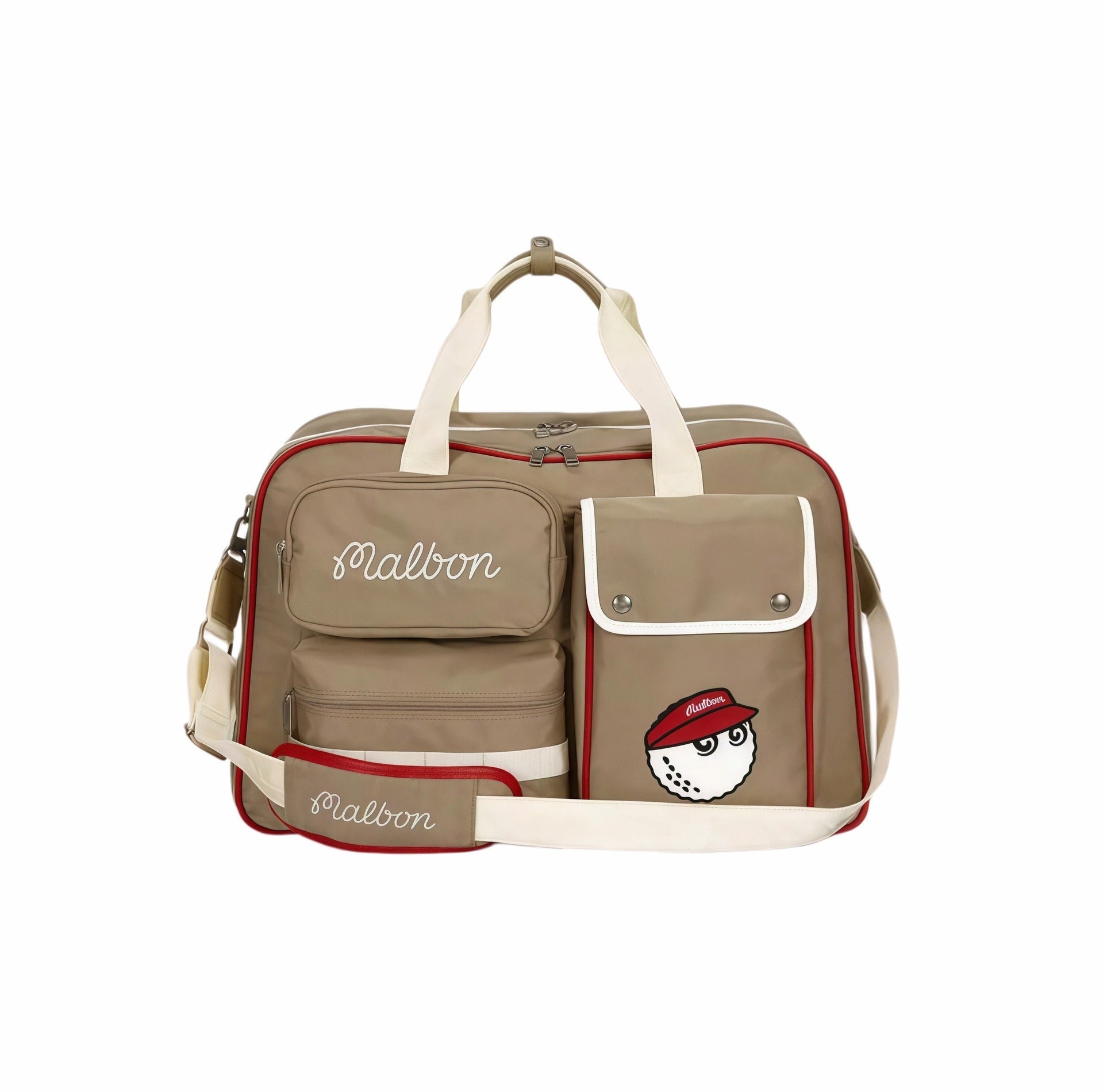 Side-angle shot of open beige Malbon golf duffle bag highlighting double-zip closure, padded lining, and separate shoe storage area