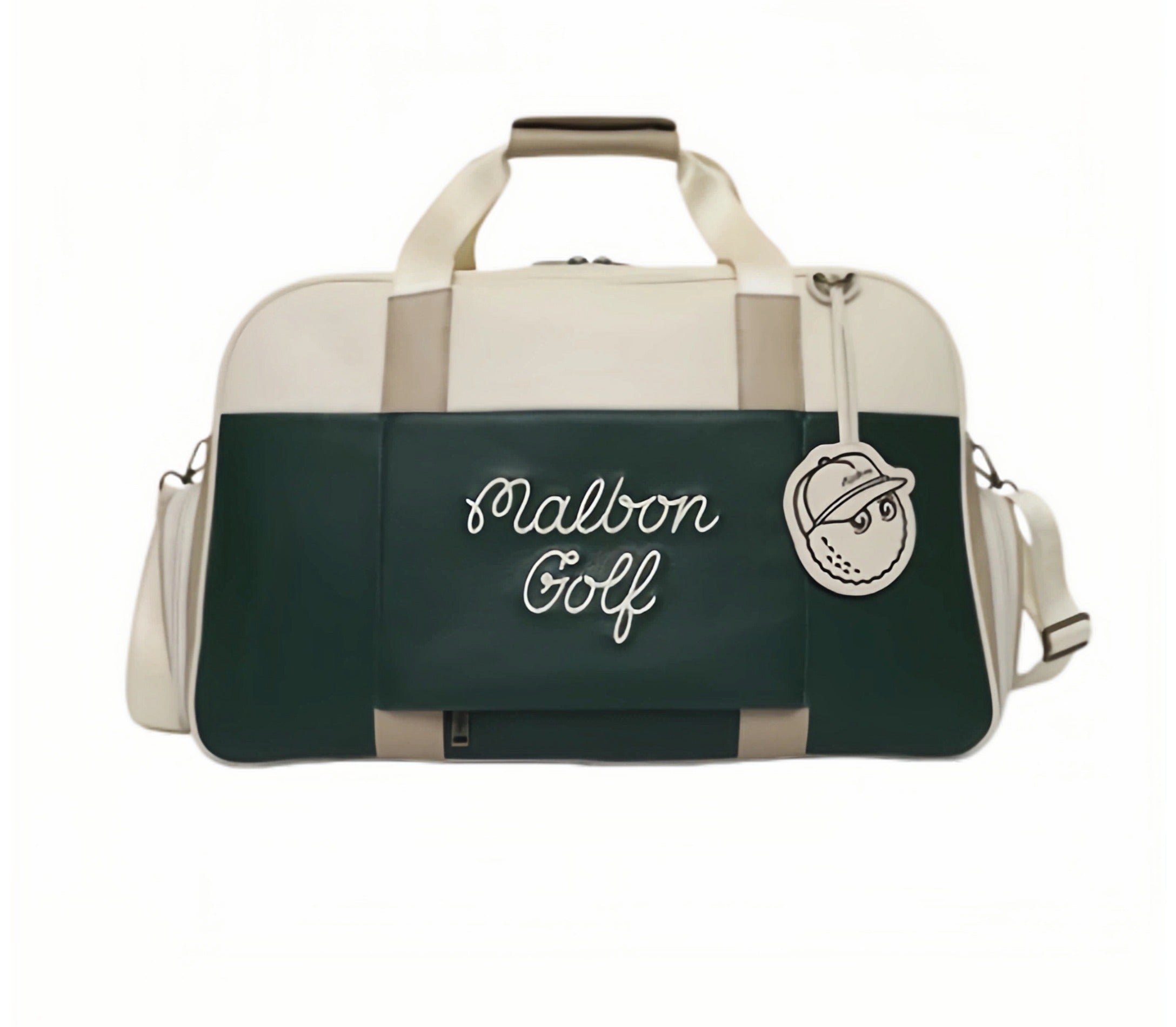 Malbon Golf duffel bag in dark green and cream with white "Malbon Golf" embroidery and golf ball charm, perfect for golfers and travelers alike