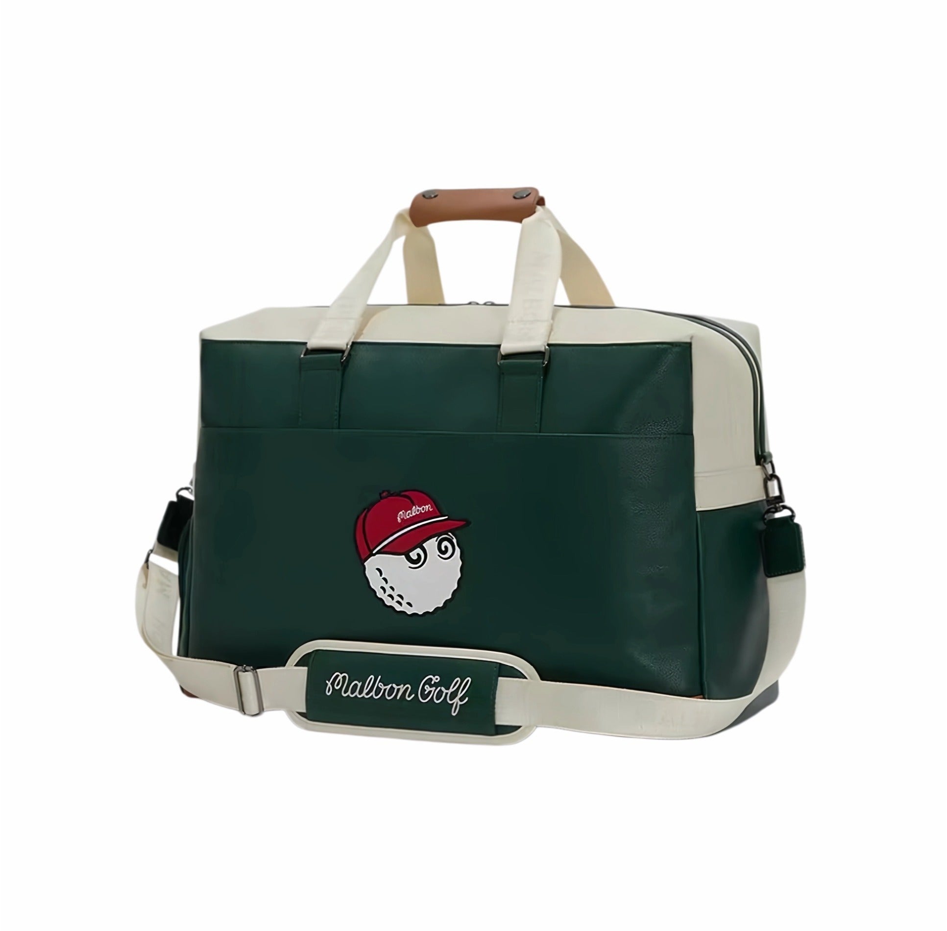 Front view of green Malbon Golf duffle bag featuring cartoon golf ball mascot, beige shoulder strap with "Malbon Golf" embroidery, and top carry handle