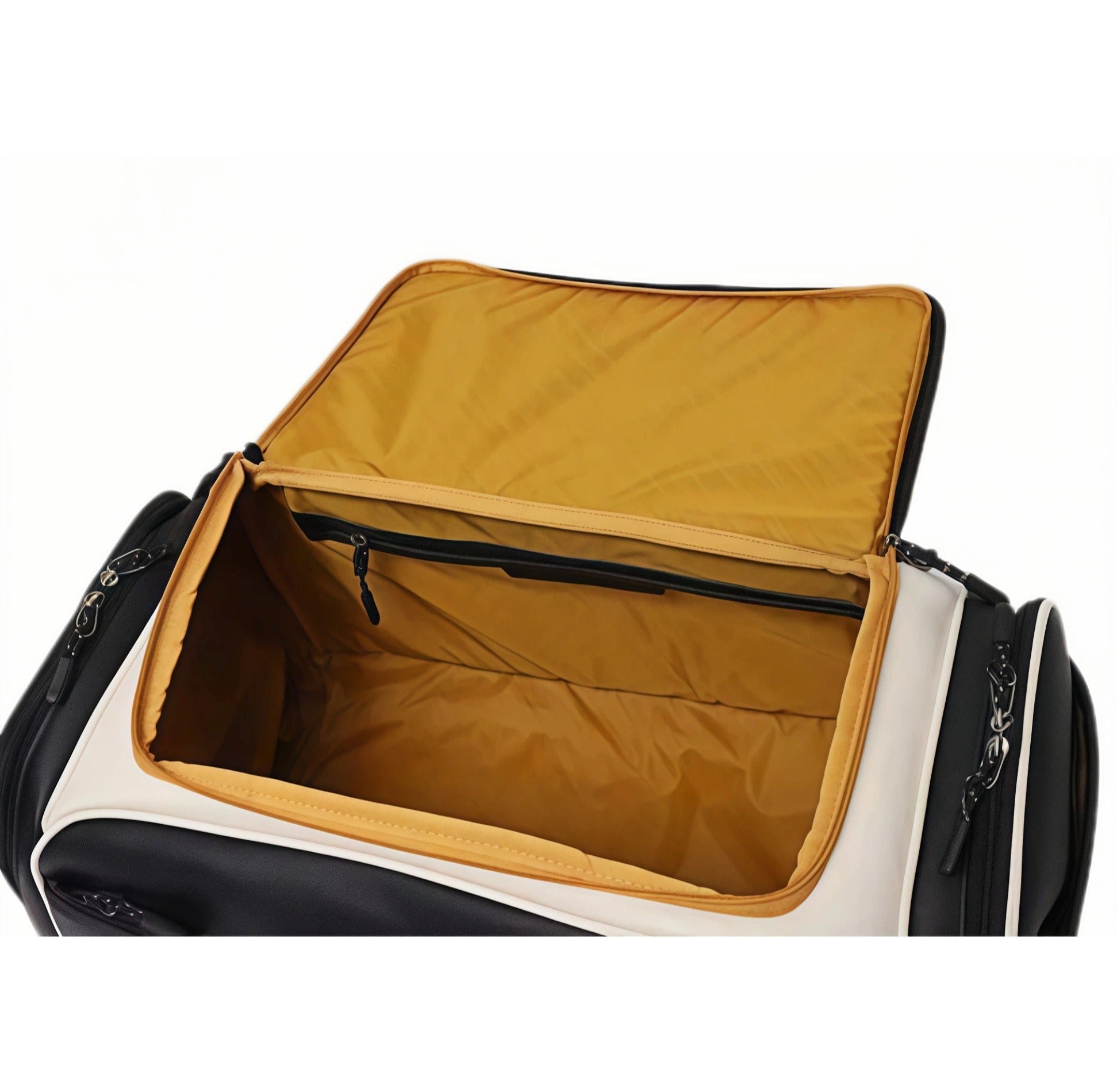 Open interior of Malbon Golf duffle bag revealing spacious main compartment, separate shoe section, and durable mustard-yellow lining for easy cleaning