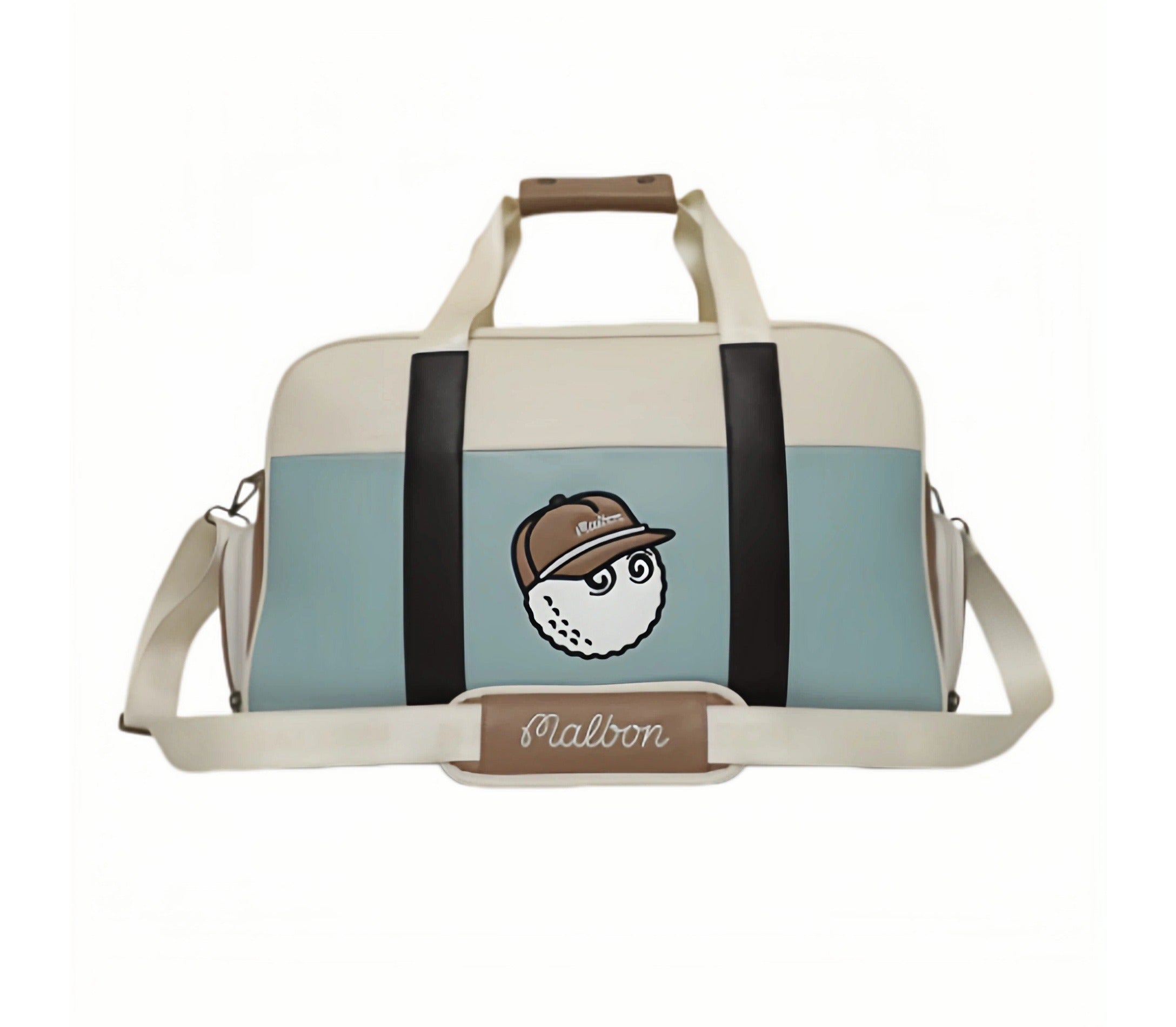 Front view of Malbon Golf Boston bag in light blue and cream PU leather, featuring cartoon golf ball wearing cap, dual top handles, and adjustable shoulder strap