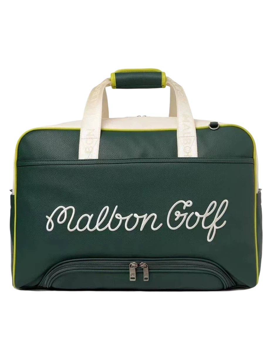 Front view of navy blue Malbon duffle bag with red trim, white top handles, and playful golf ball mascot wearing red cap