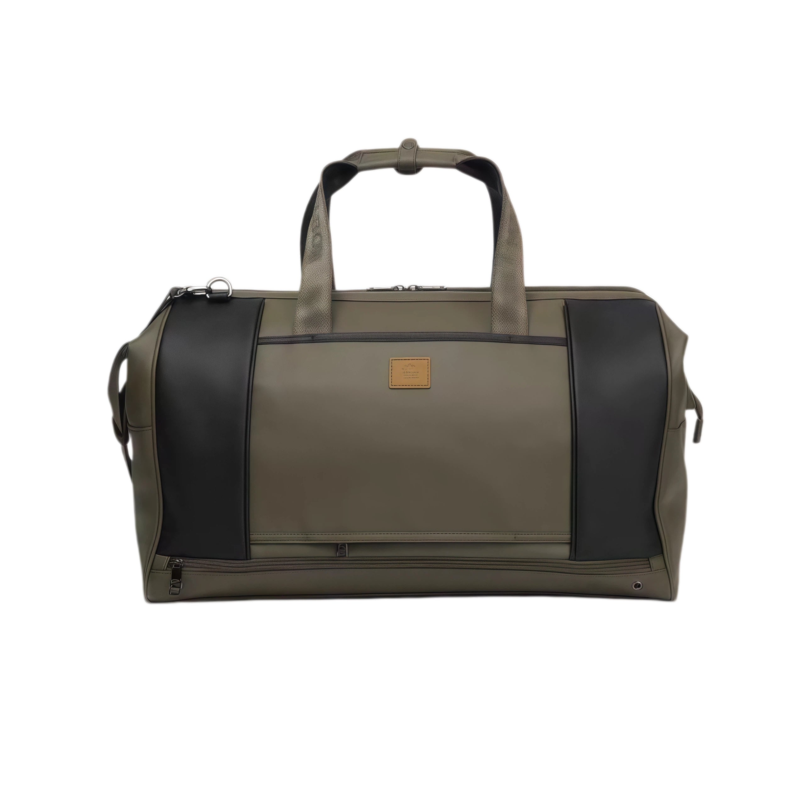 Front view of Malbon golf duffle bag in olive green with black PU leather accents, top handles, and a small leather brand patch