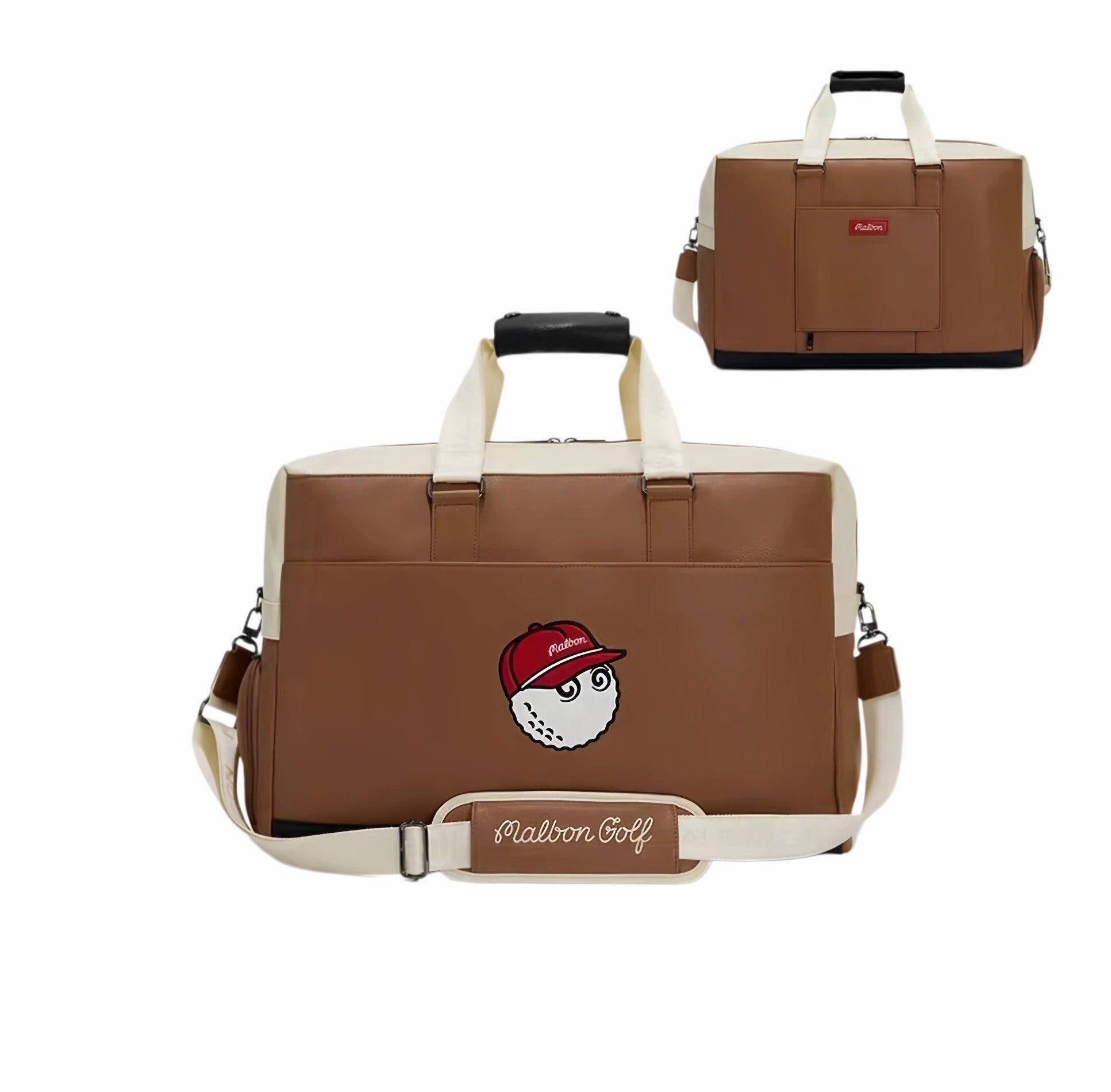 Side-by-side comparison of brown and green Malbon Golf duffle bags, both featuring cartoon golf ball mascot, cream accents, and "Malbon Golf" branding on shoulder straps