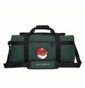 Full front view of Malbon Golf "Buckets" duffle bag in deep green fabric with black straps, showcasing embroidered golf ball mascot with red cap and "MALBON" text panel