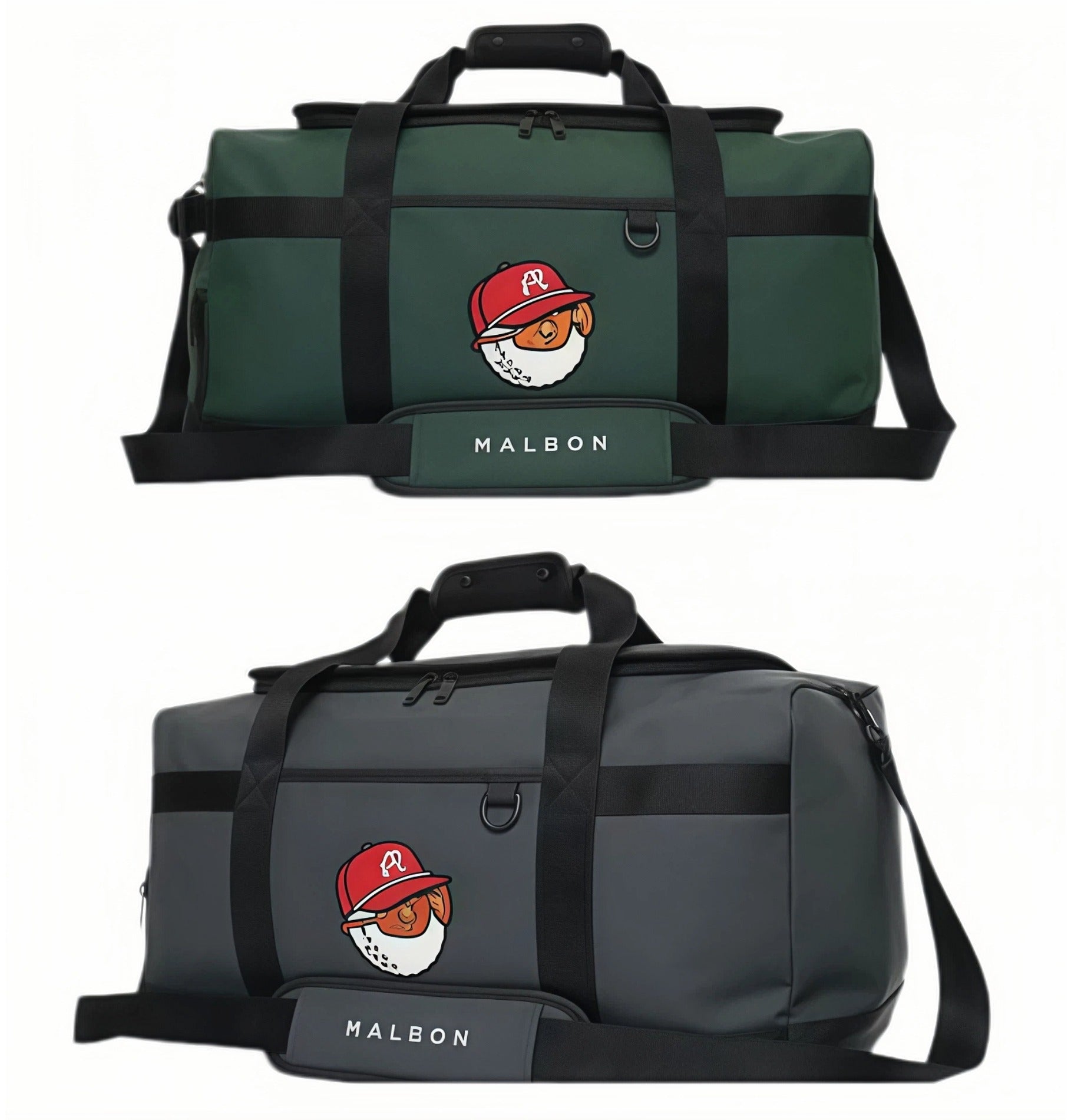 Front view comparison of Malbon Golf "Buckets" Boston bags in forest green and dark gray, featuring embroidered cartoon golf ball character wearing red cap and bold "MALBON" branding