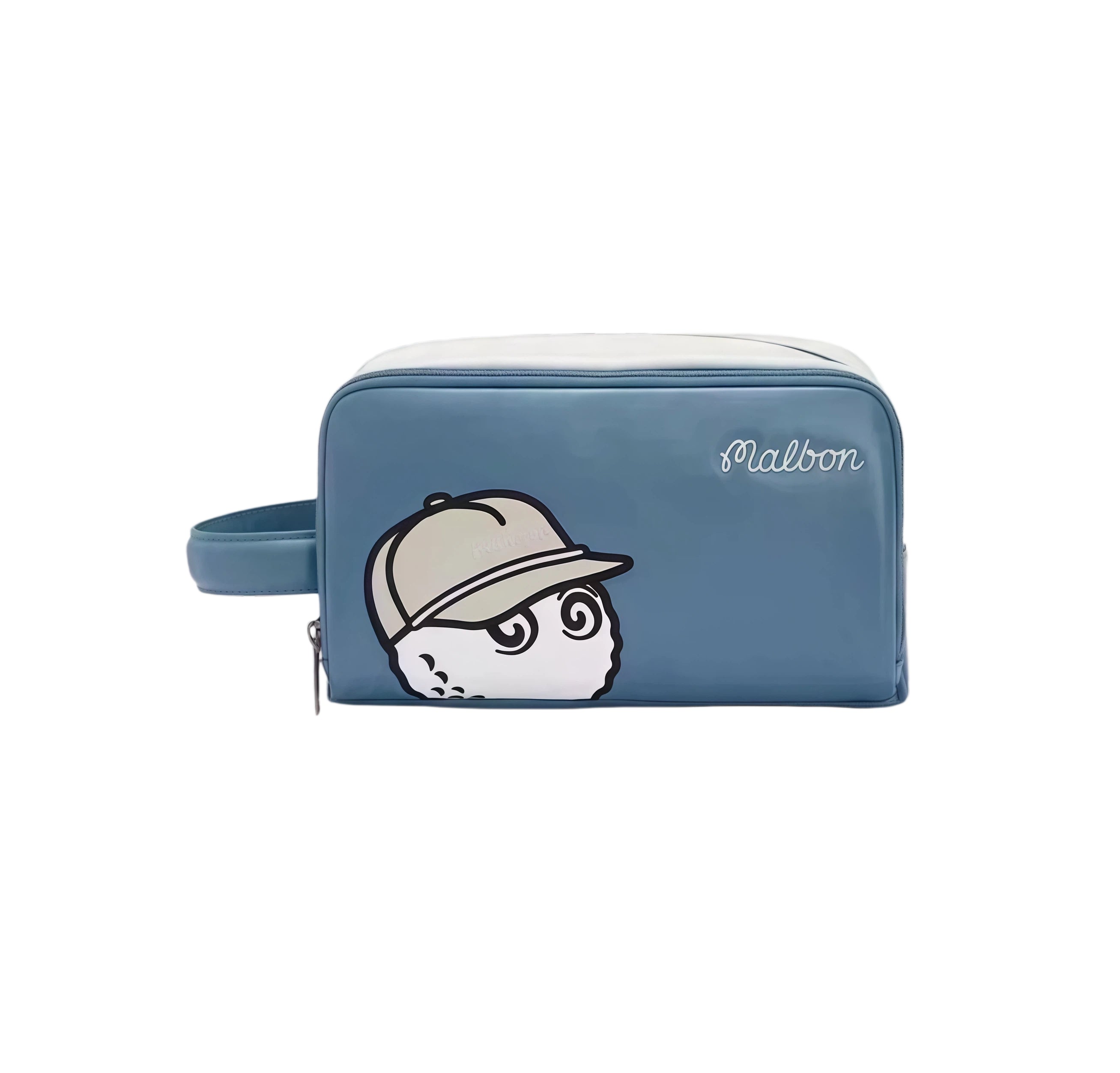 Front view of sky blue Malbon Golf Buckets pouch bag with grey cap-wearing golf ball mascot, white cursive "Malbon" logo, zip closure, and two-tone design