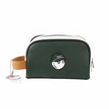 Front view of Malbon Golf Buckets pouch in forest green featuring embroidered golf ball mascot wearing black cap, tan leather handle, and official brand tag for authenticity
