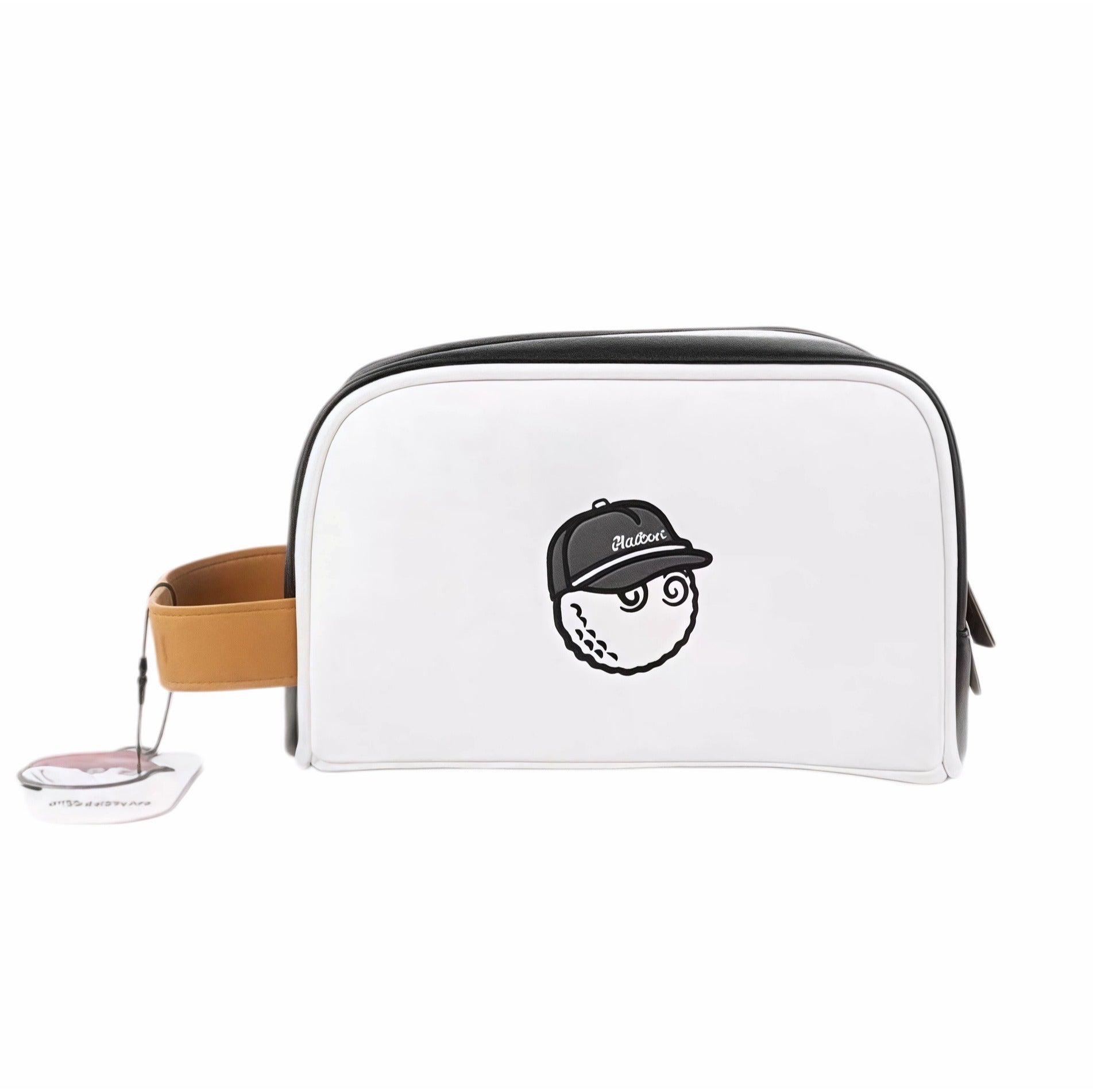 Front view of Malbon Golf Buckets pouch in white PU leather with black cap-wearing golf ball mascot, tan leather handle, and attached brand tag, perfect for travel and daily use