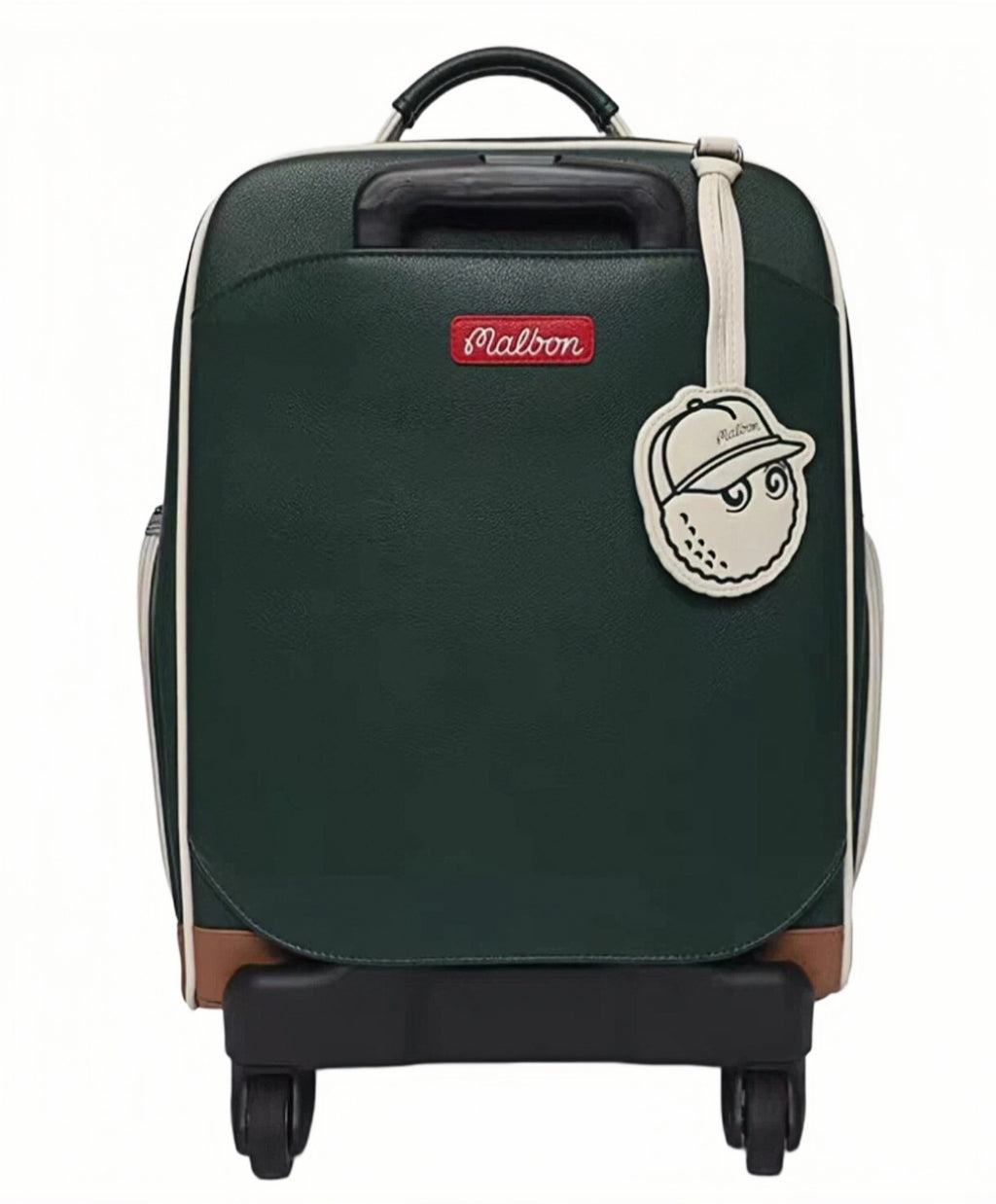 Front view of Malbon Golf rolling backpack in dark green and cream PU leather, featuring red "Malbon" logo patch and cute golf ball character luggage tag