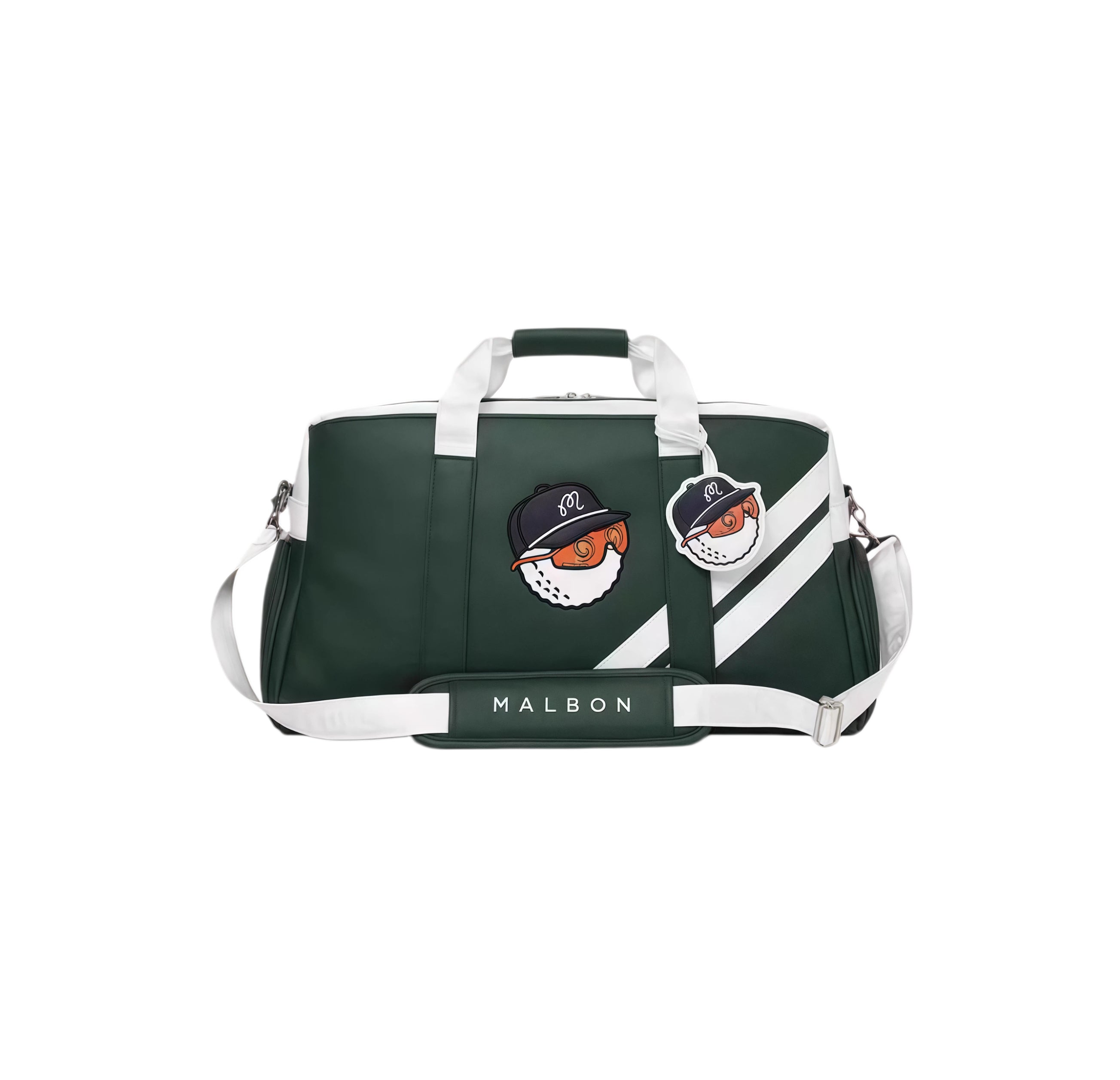 Dark green Malbon duffle bag showcasing a playful golf ball character wearing a black cap and orange sunglasses. Includes a matching charm tag and white diagonal accents. Stylish and functional for active lifestyles.