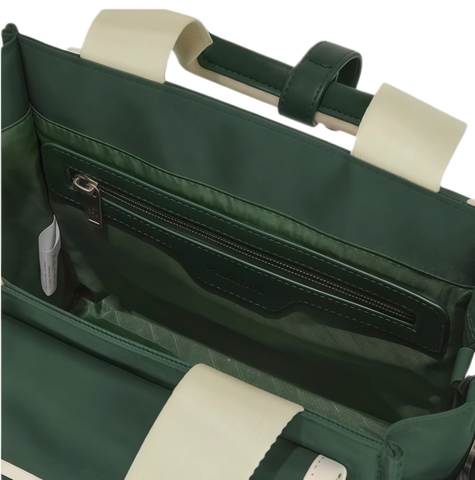 Interior of green Malbon golf bag with zippered pocket, quilted lining, brand tag, and organized layout for golf accessories, phones, and essentials.