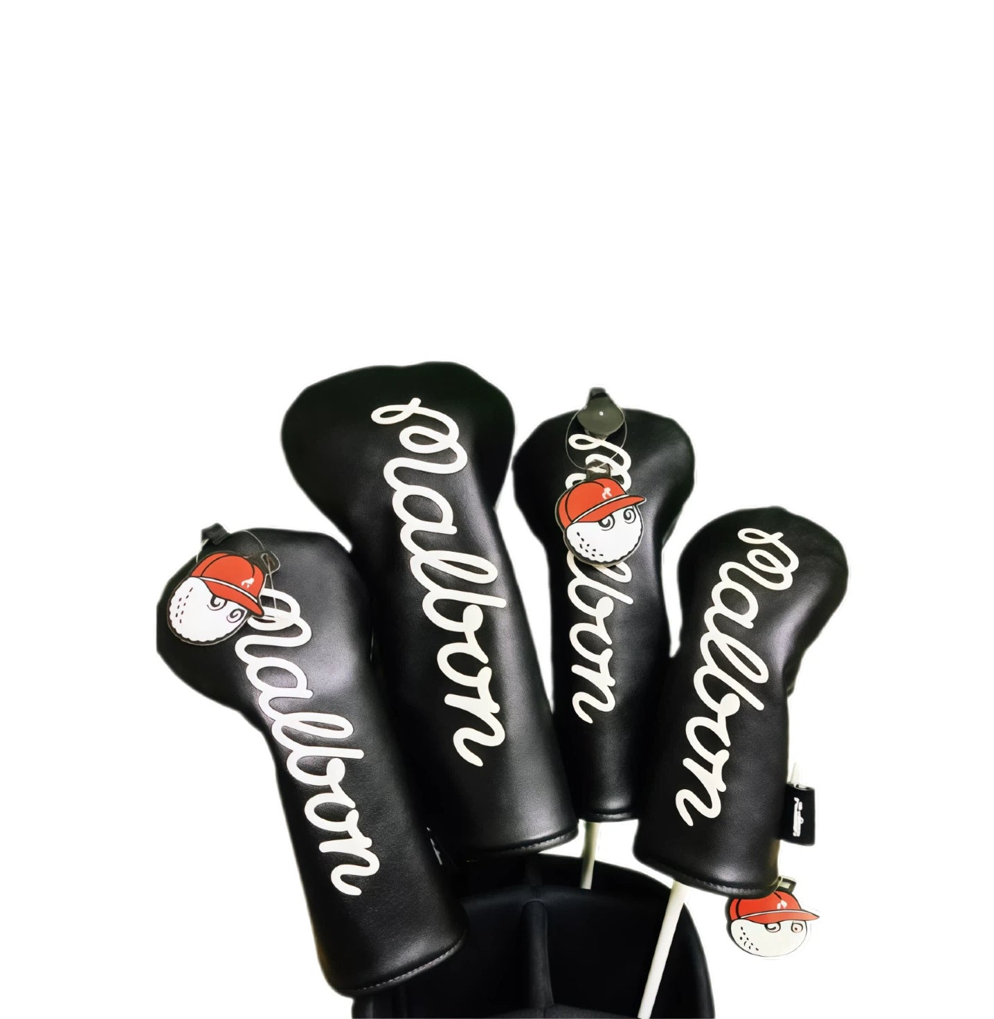 Set of black Malbon golf driver headcovers crafted from premium PU leather, showcasing white "Malbon" script logos and charming golf ball mascots with orange caps, offering durable protection for your woods while adding a trendy flair to your golf bag.