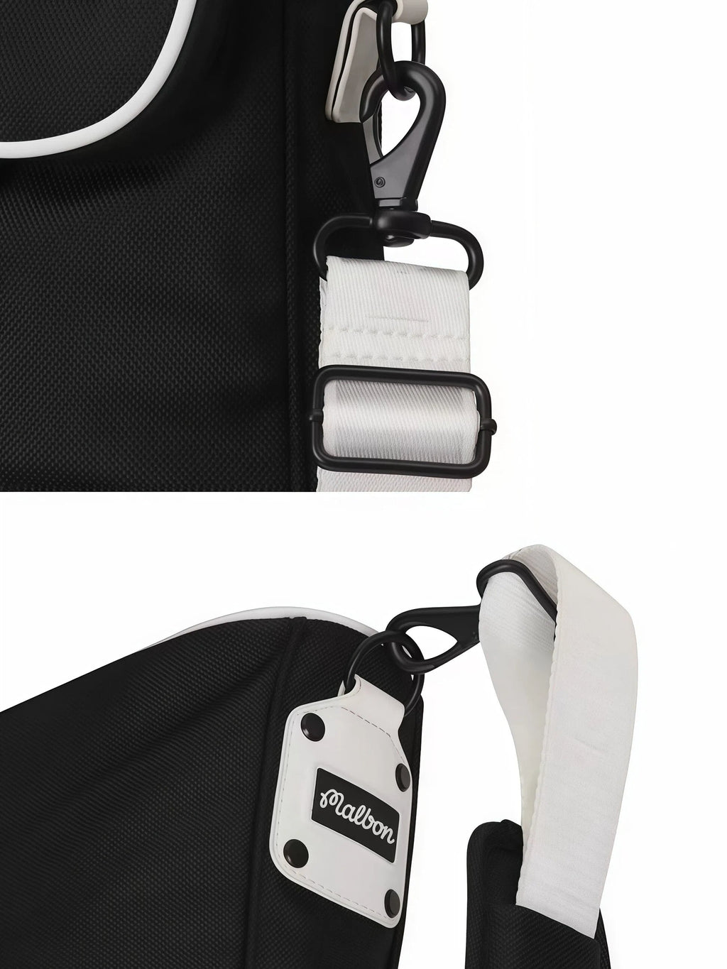 Detail of Malbon Golf half bag shoulder strap featuring adjustable buckle, white webbing, metal D-ring, and branded leather tag with "Malbon" logo.