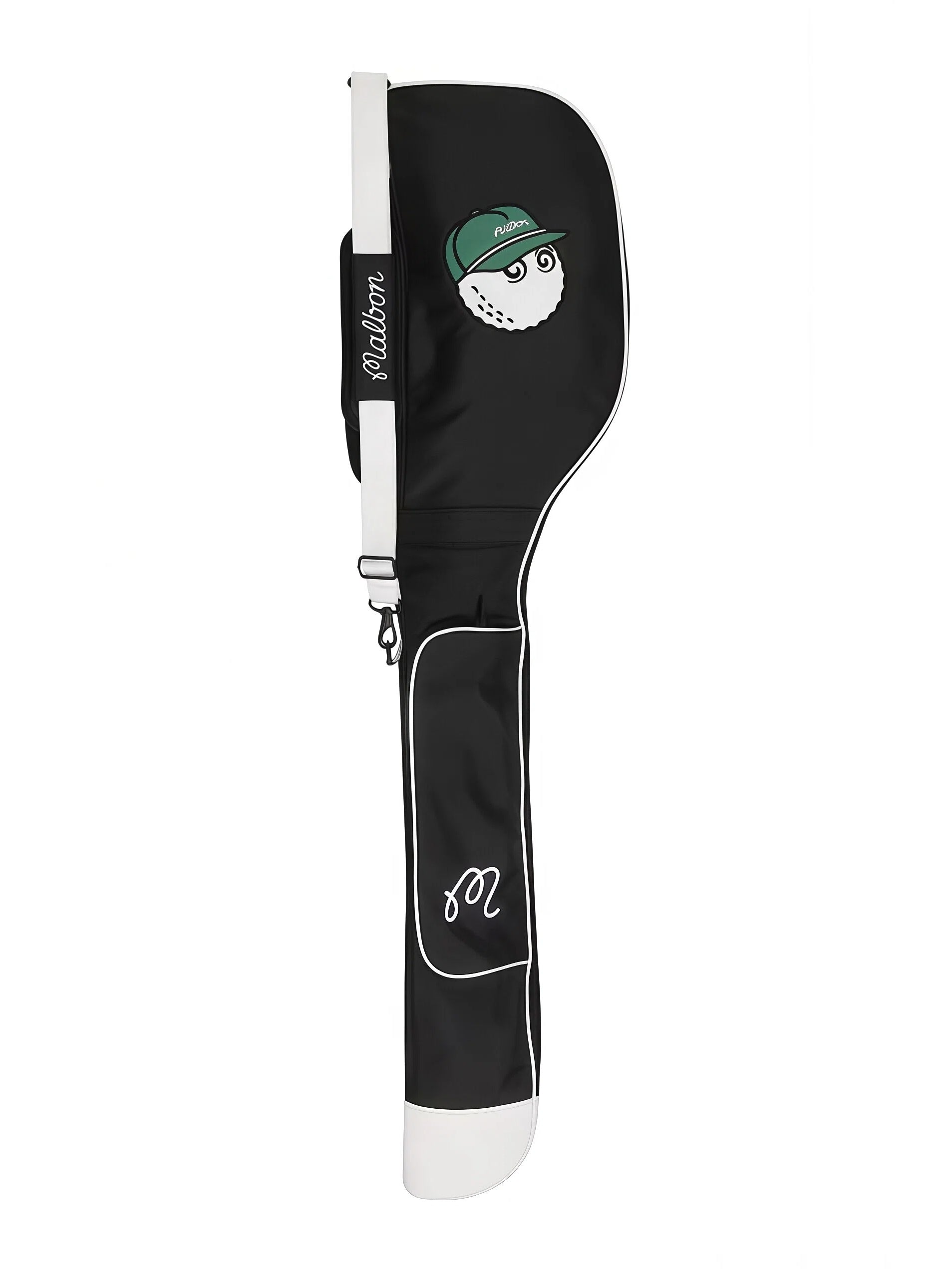 Full view of Malbon Golf half bag in black with green cap cartoon golf ball character, white trim, and "Malbon" script on shoulder strap.