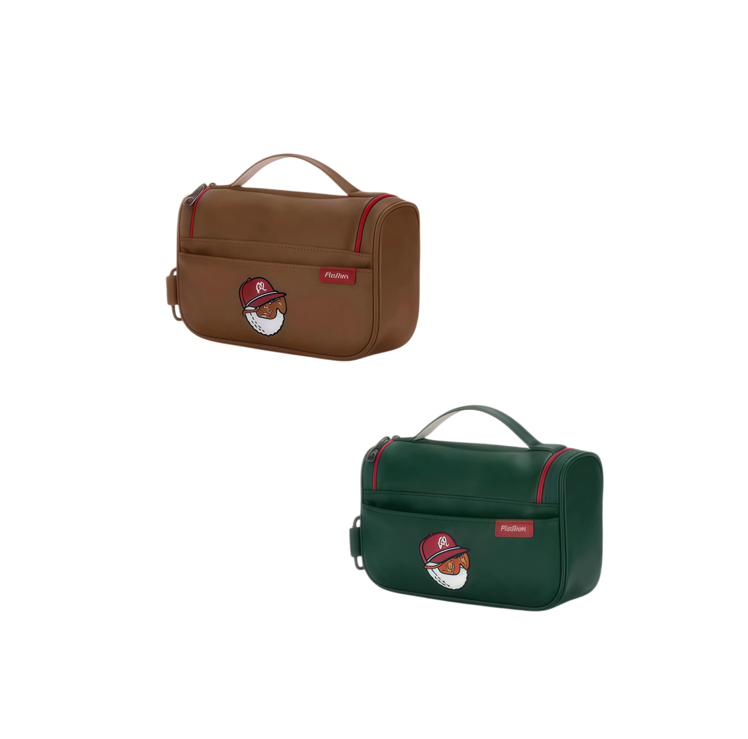 Two-tone display of Malbon Golf handbags in brown and dark green featuring cartoon golf ball character with red cap and sunglasses, red zip trim, and loop handle for stylish golf accessories storage.