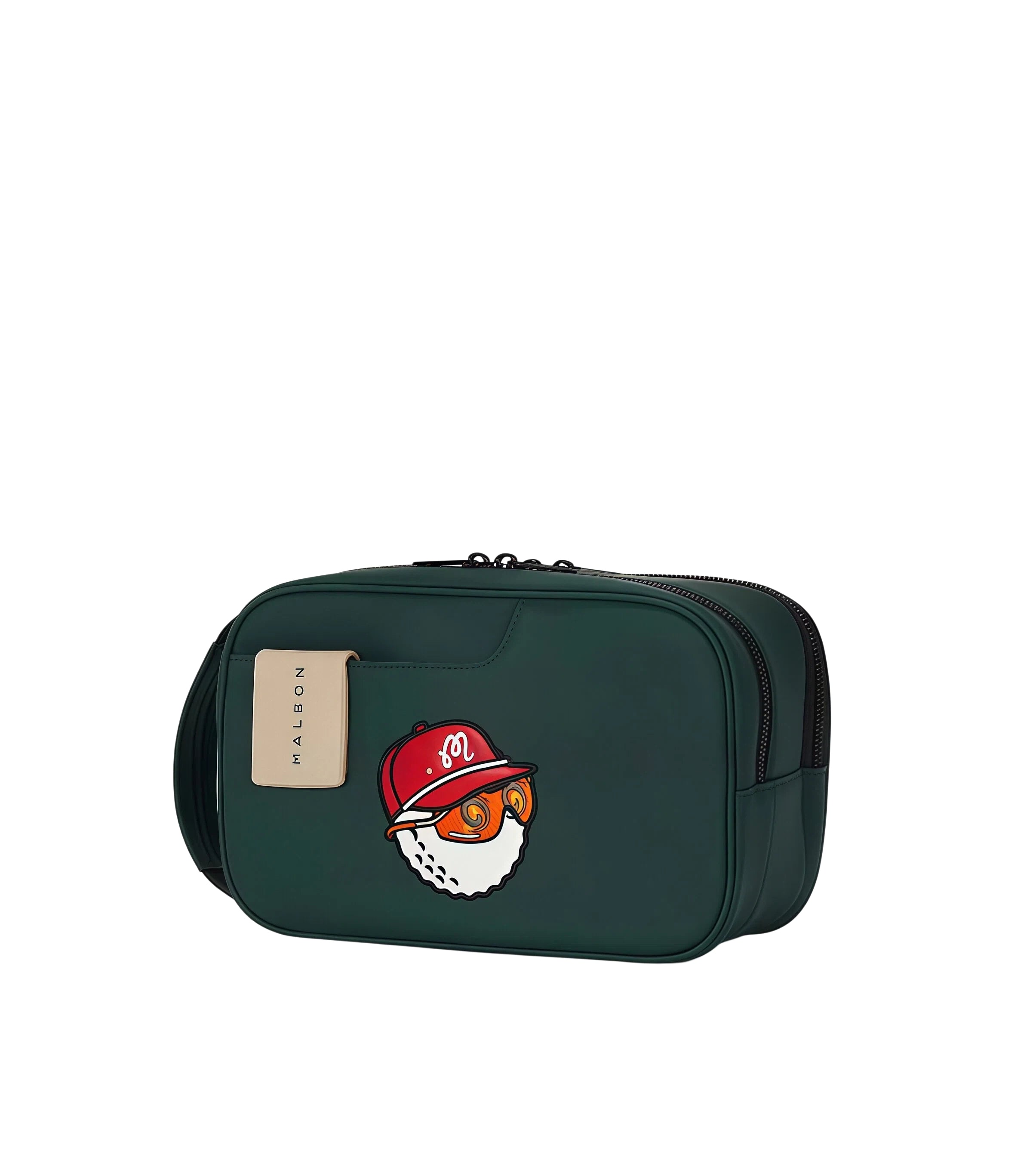 Malbon golf handheld storage bag in dark green featuring a fun character patch with red cap and orange sunglasses. Ideal for organizing golf essentials and travel gear.