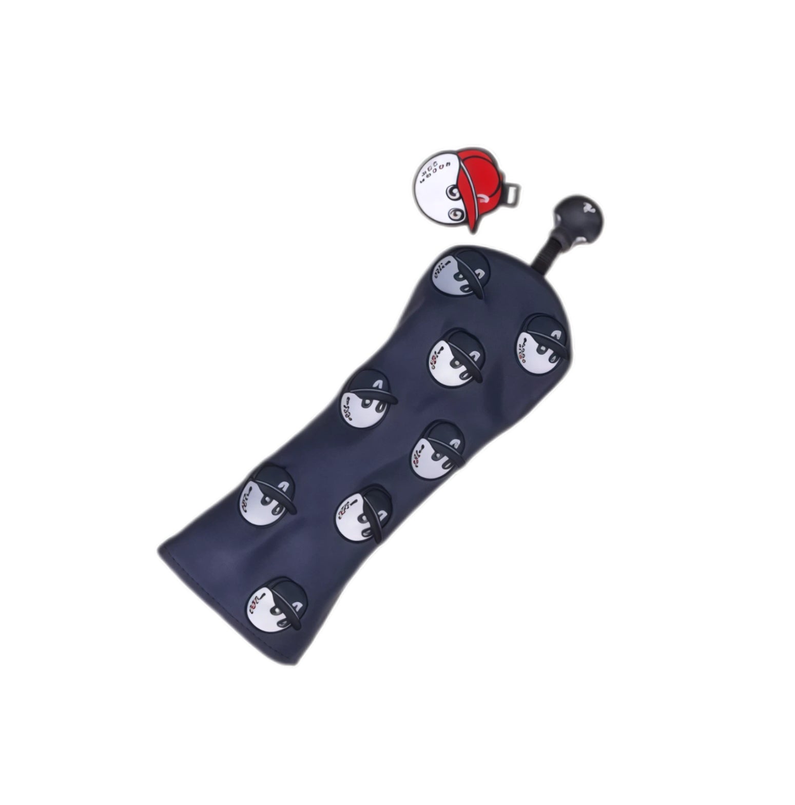 Single navy blue Malbon golf headcover displaying one large cartoon baseball captain face on front and “Malbon Golf” script at bottom, with red cap-themed magnetic ball clip.