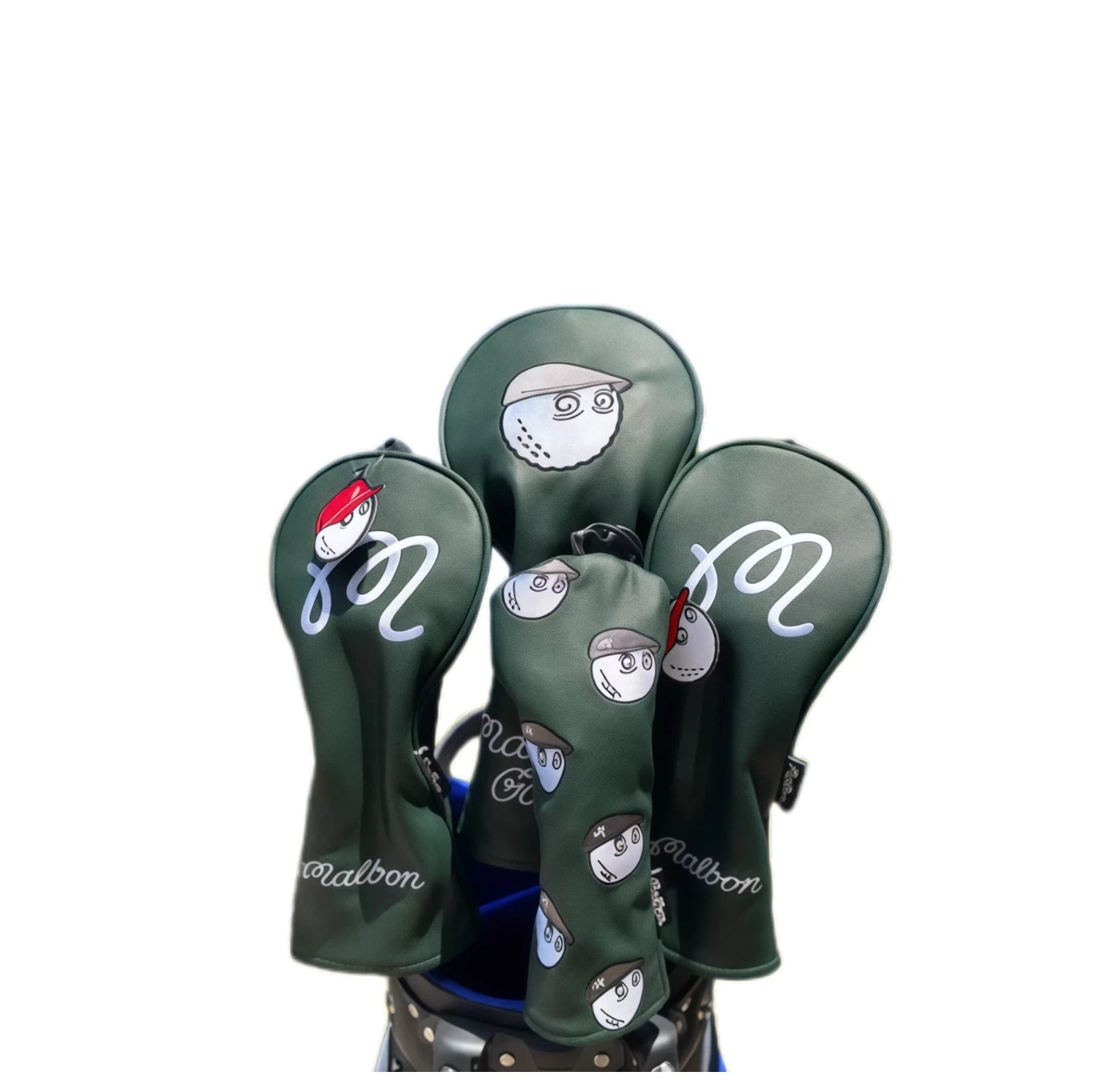 Dark green Malbon Golf headcover set with cartoon golf balls wearing gray caps, embroidered "Malbon" logo, and sleek design — durable, stylish protection for driver, fairway, and hybrid clubs with a bold, modern look.