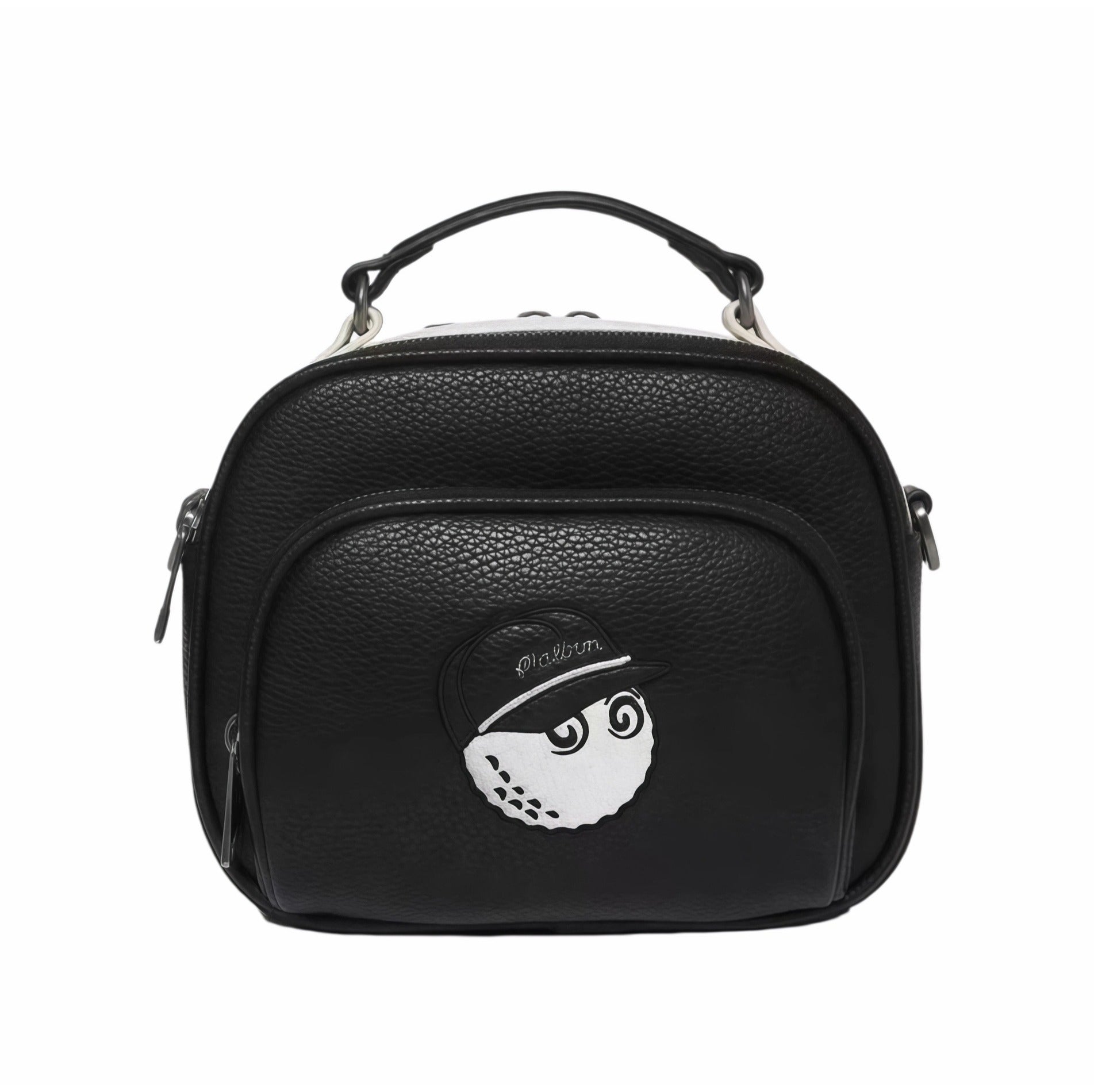 Front view of Malbon Golf Heritage Boston bag in black PU leather with embroidered golf ball mascot wearing cap, silver-tone hardware, and sleek minimalist design
