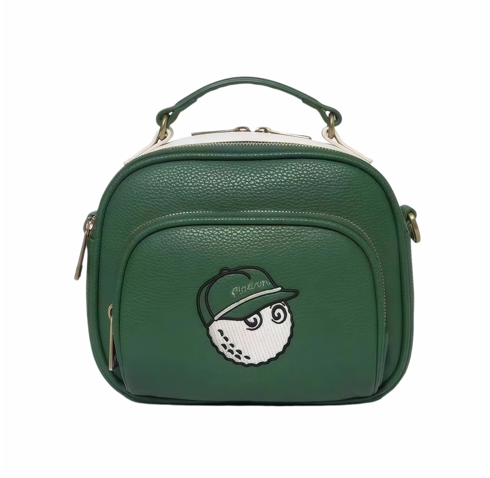 Front view of Malbon Golf Heritage Boston bag in forest green PU leather showcasing embroidered golf ball mascot with cap, top handle, and gold-tone zippers