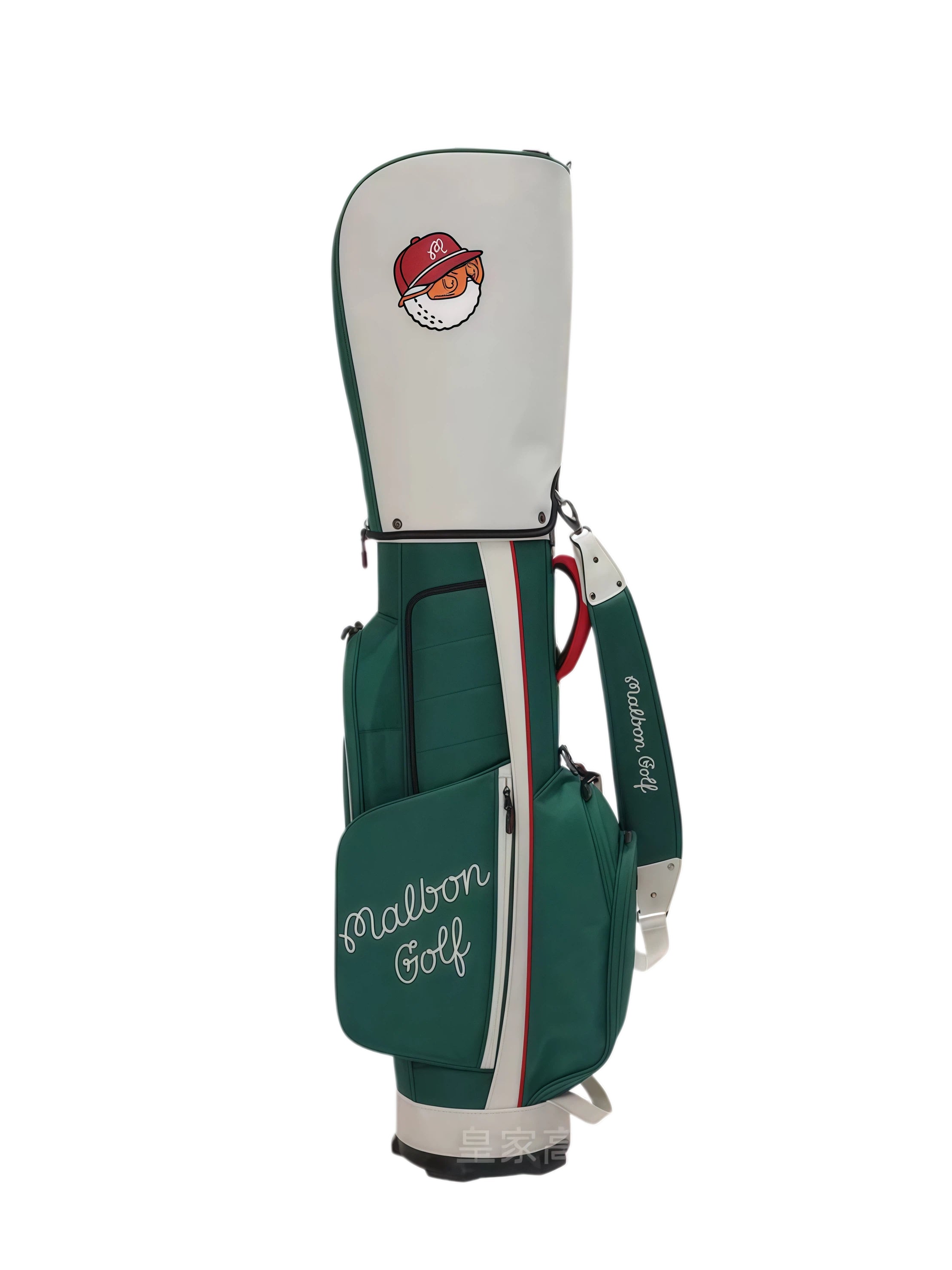Backside of Malbon Golf Heritage caddy bag showing dual zippered pockets, Malbon logo patch, and ergonomic shoulder strap design
