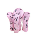 Set of four Malbon Golf light pink bunny-themed headcovers featuring cute black-and-pink rabbit prints, including one driver, one fairway wood, one hybrid, and one iron cover — perfect for women and fun-loving golfers.