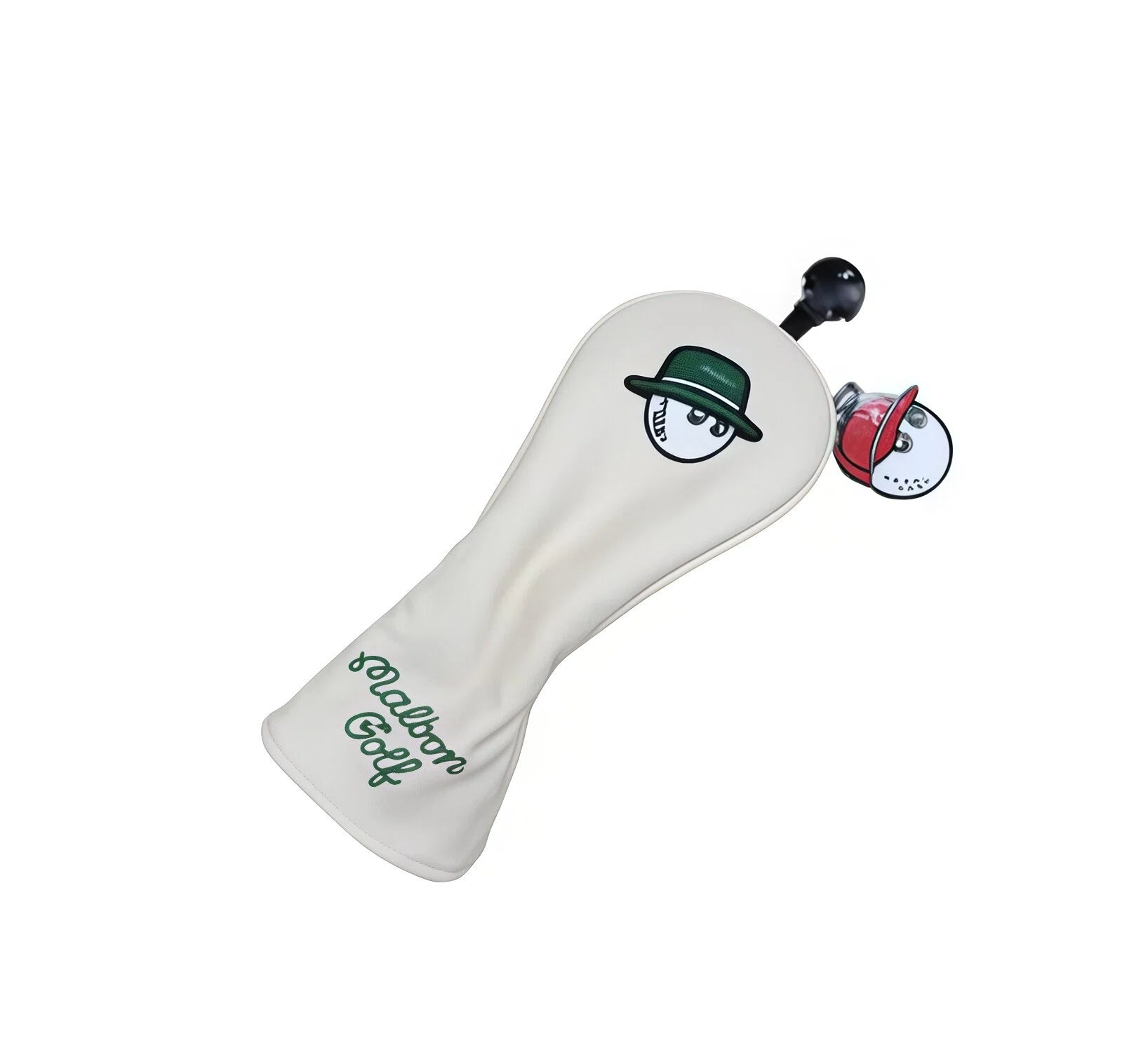 Pink Malbon golf headcover set featuring red bucket hat-wearing cartoon golf ball faces; complete set includes driver, three irons, and putter cover — all with coordinating magnetic ball accessories.