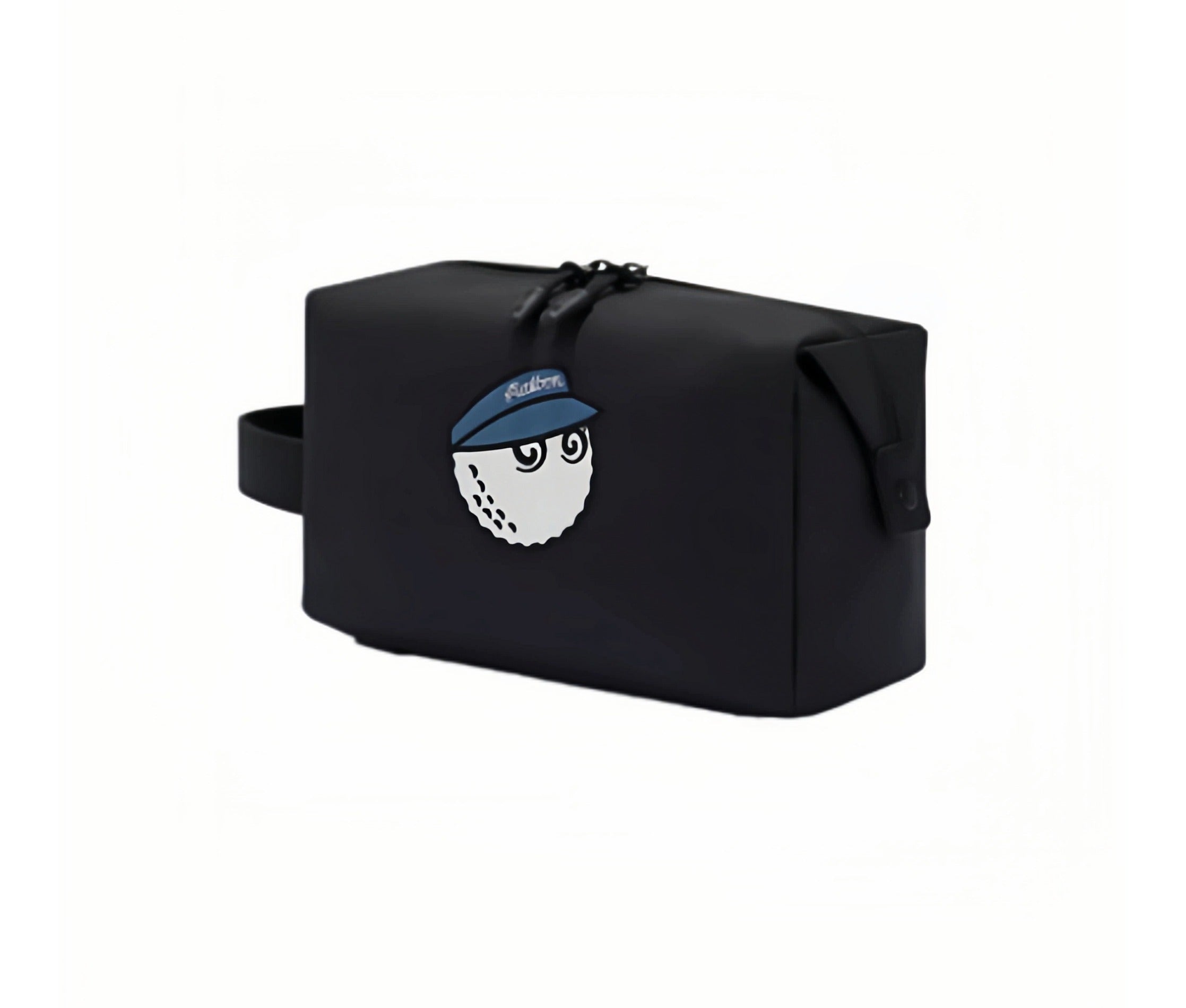 Front view of Malbon Golf mini handbag in black fabric with embroidered golf ball mascot wearing navy blue cap labeled "Malbon", dual-zip closure, and wrist strap
