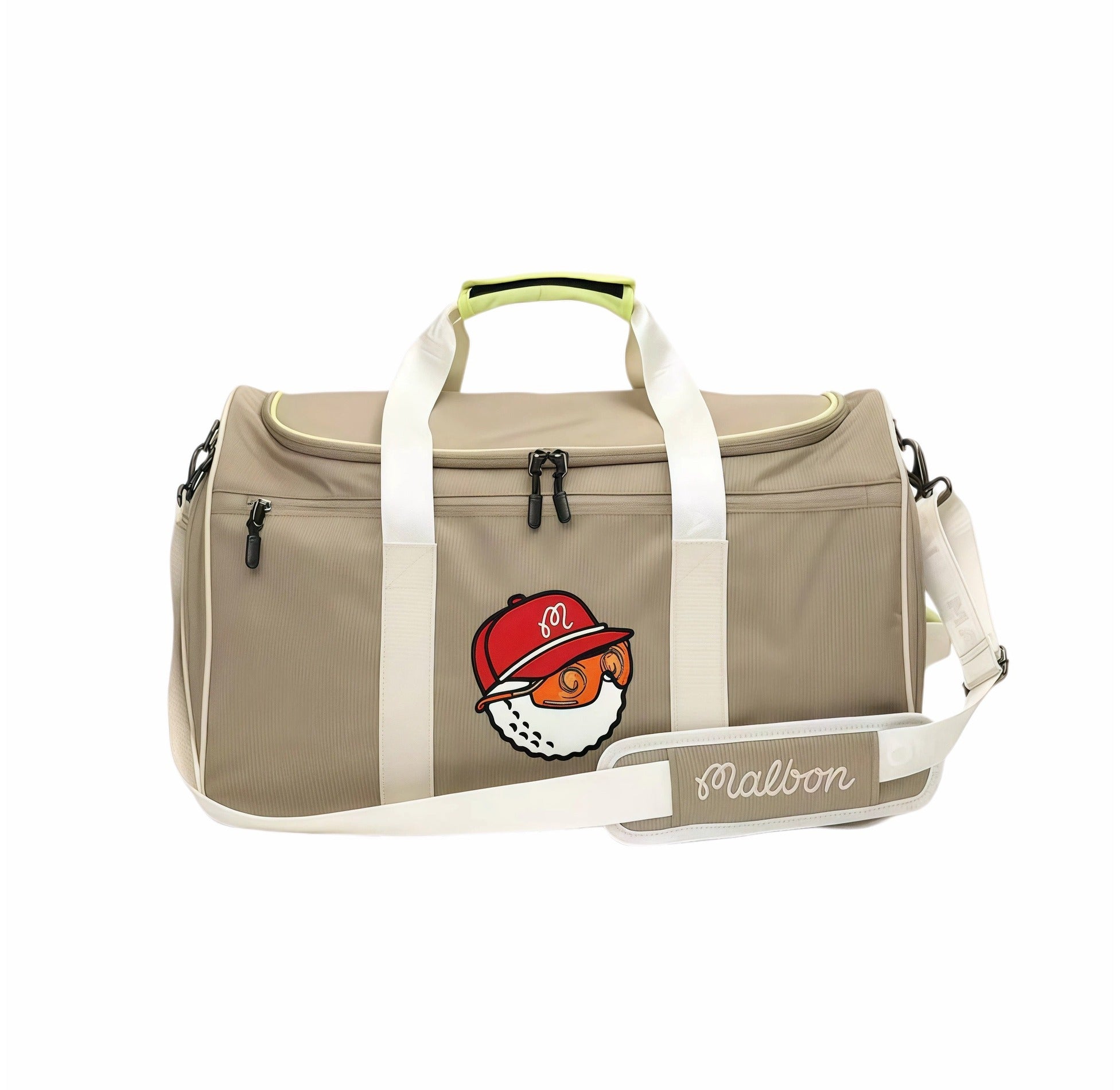 Front view of Malbon Golf Performance duffel bag in beige with red-capped "Buckets" mascot, adjustable cream shoulder strap, and "Malbon" script on side panel