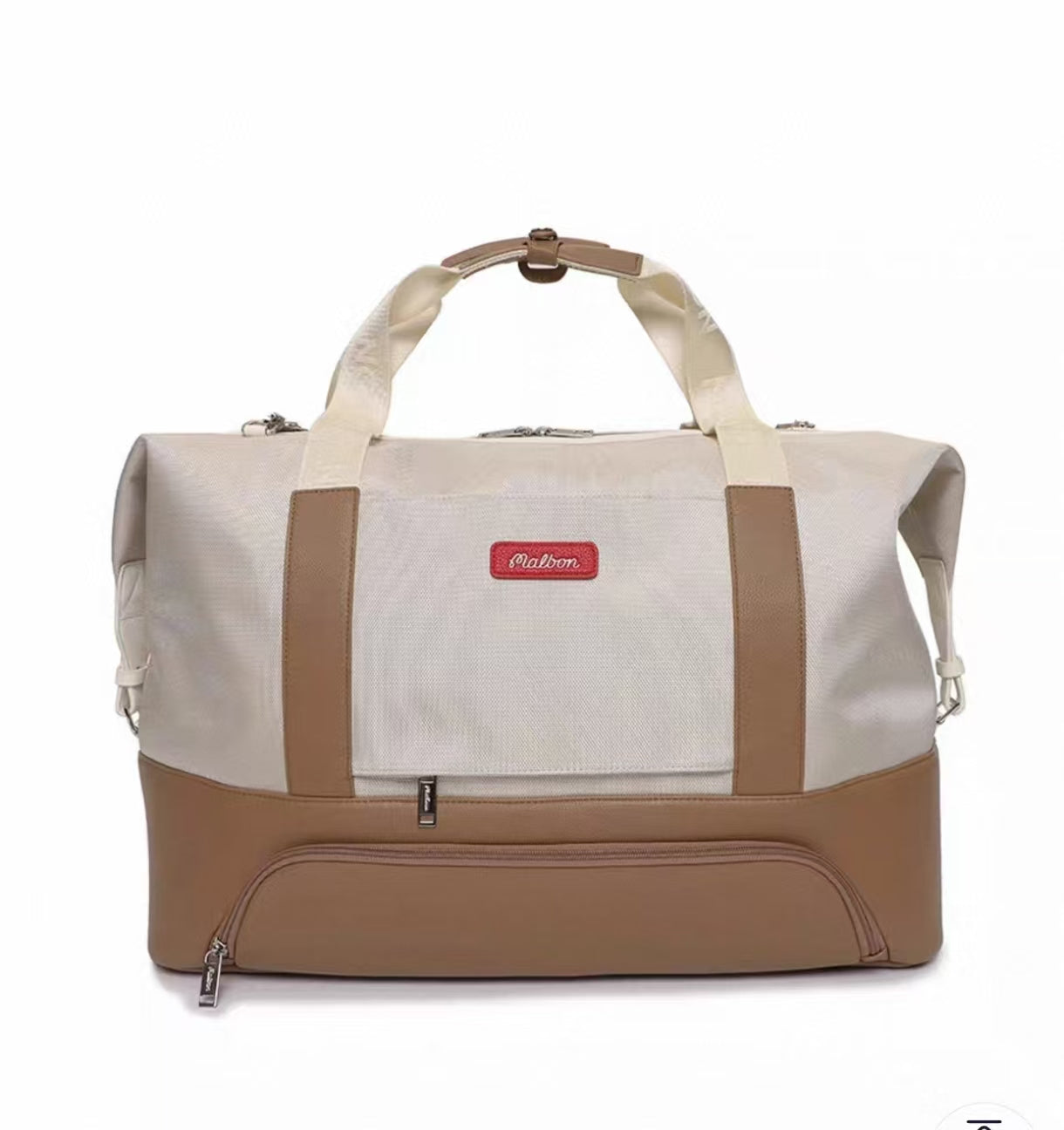 Front view of Malbon Golf Performance luxury duffel bag in beige and tan tones featuring contrast stitching, red brand patch, and padded top handle