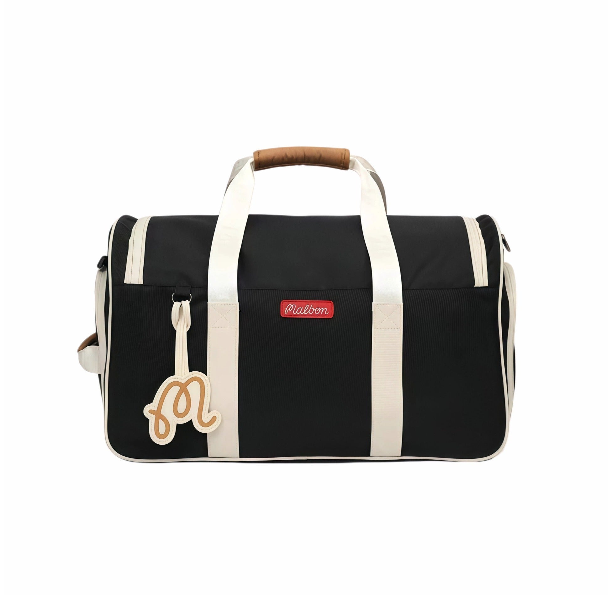 Front view of Malbon Golf Performance duffel bag in black with tan cursive "M" charm, red brand patch, and cream-colored dual handles