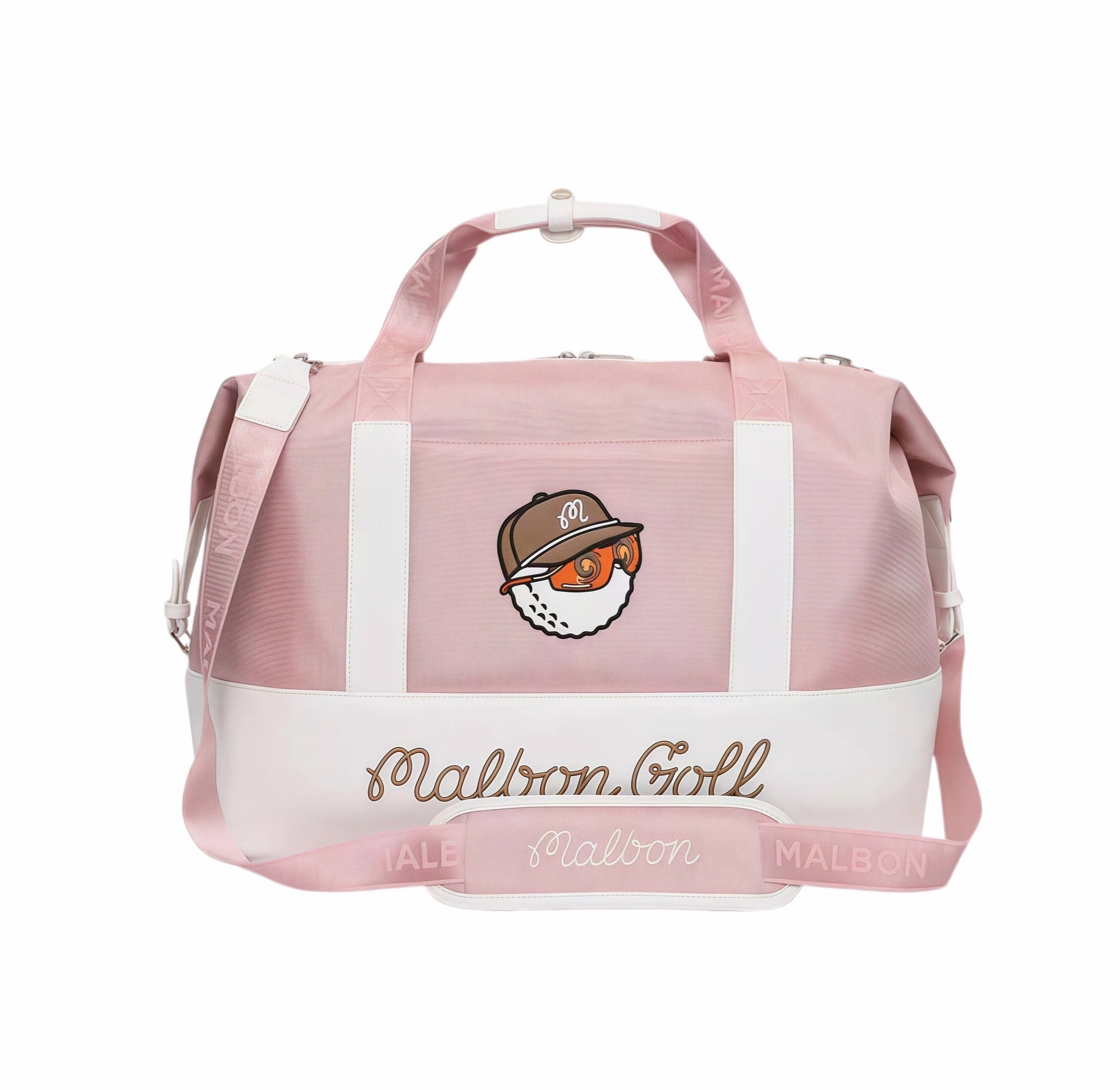 Full front view of Malbon Golf Performance luxury duffel bag in pink with cartoon "Buckets" golf ball wearing brown cap and orange goggles, "Malbon Golf" cursive script, and branded shoulder strap