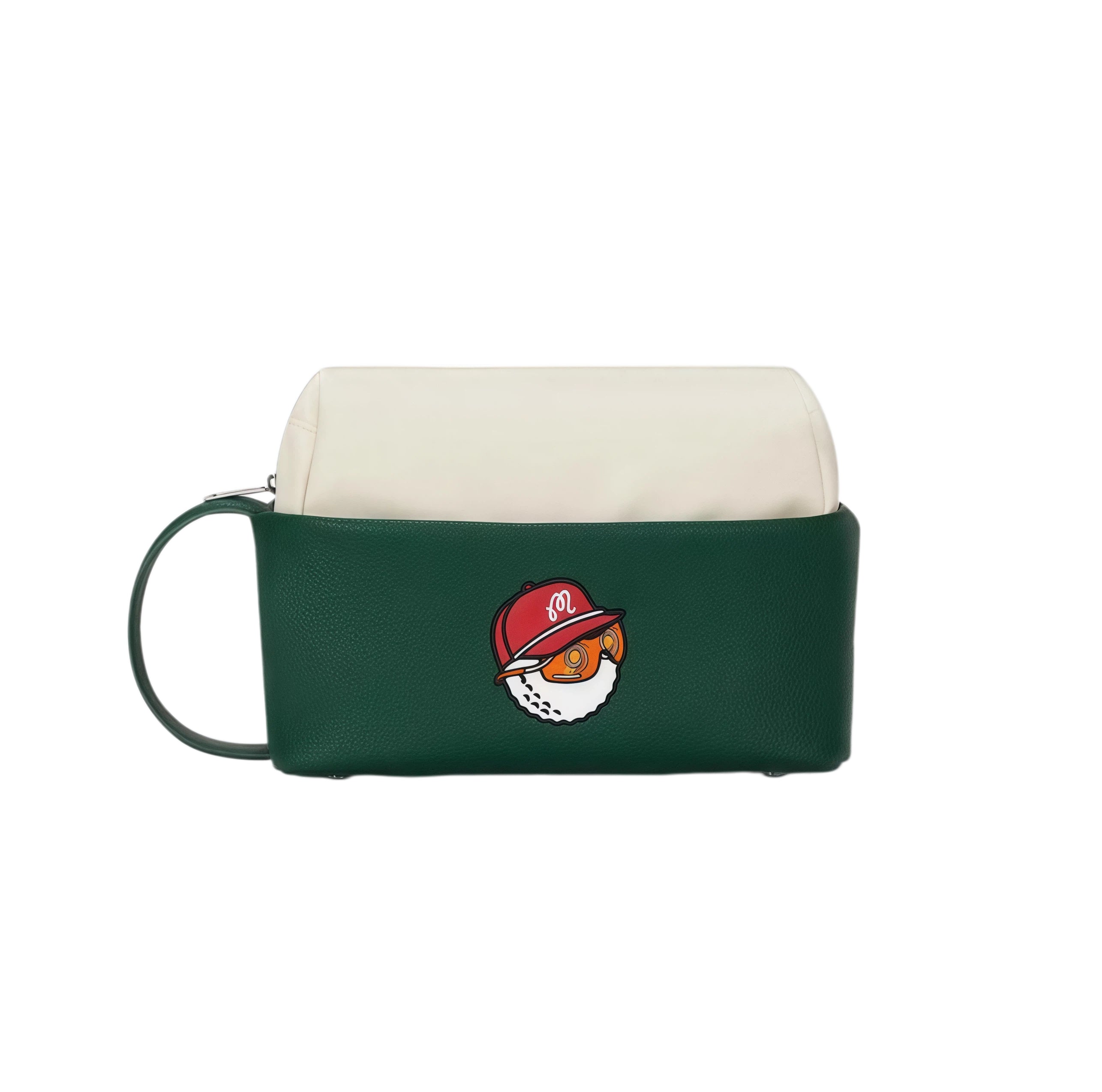 Side view of green Malbon golf pouch highlighting a playful cartoon golf ball character wearing a red cap with "M" logo, loop handle, and durable zipper closure.