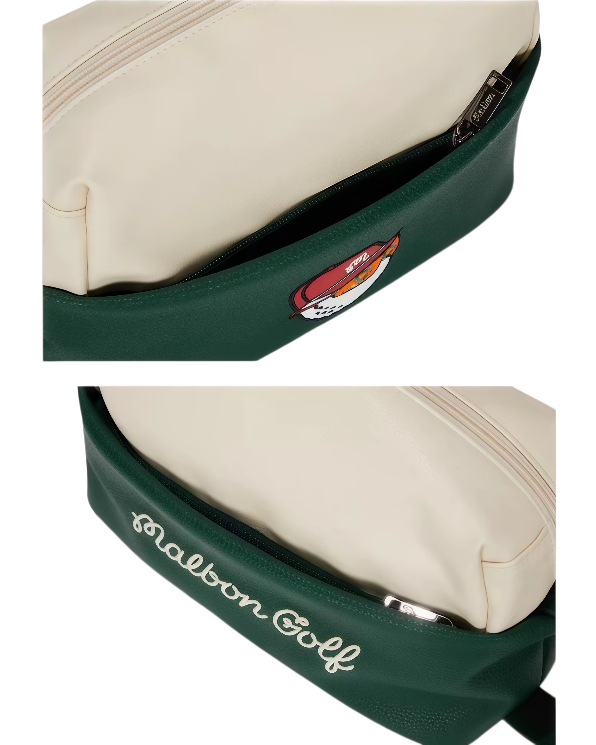 Detail view of green Malbon golf pouch showing open zipper, cream interior lining, and "Malbon Golf" script logo embossed on the exterior trim.