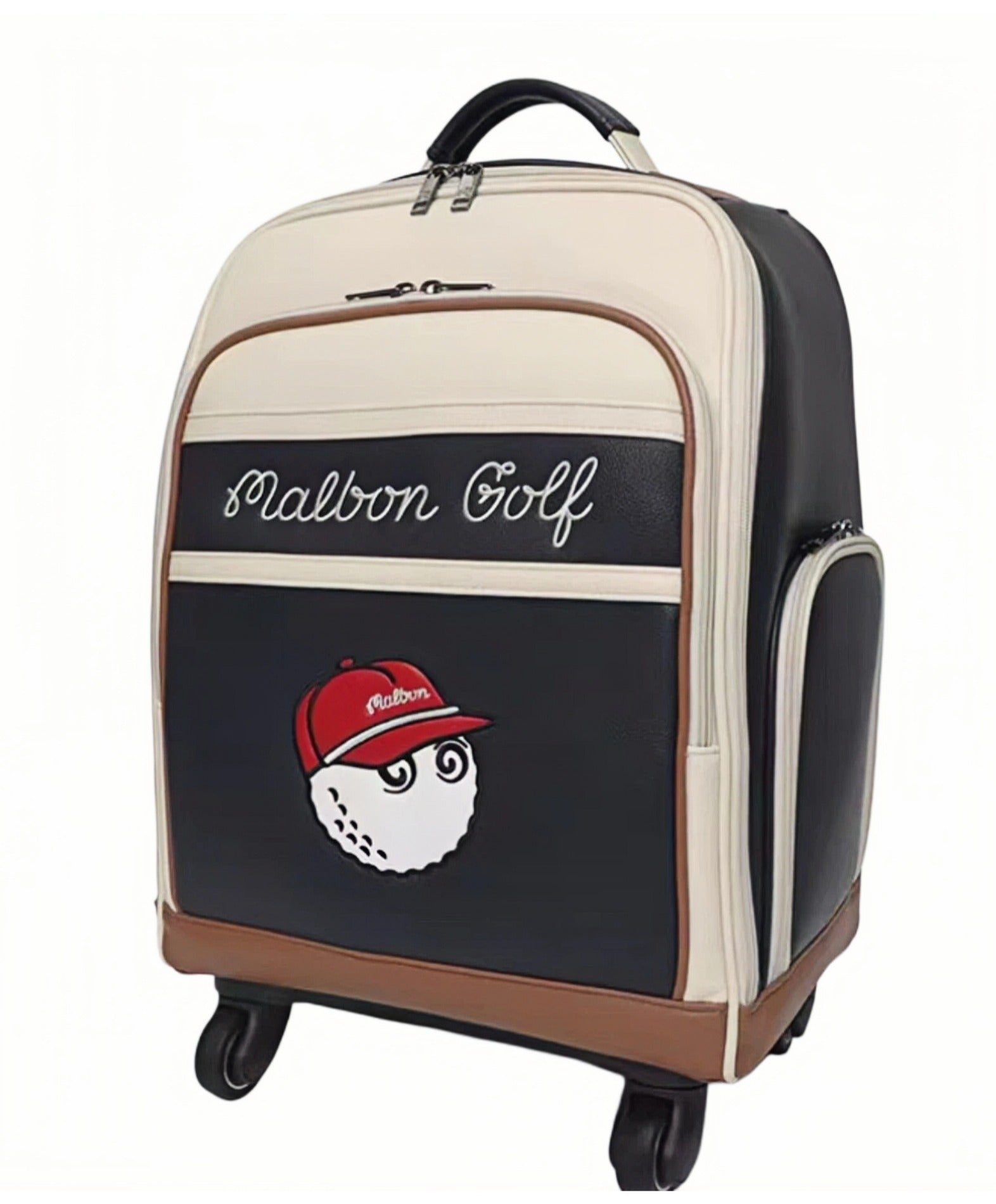 Malbon Golf wheeled backpack in black and cream with red cap golf ball logo and elegant "Malbon Golf" embroidery, ideal for travel and sports
