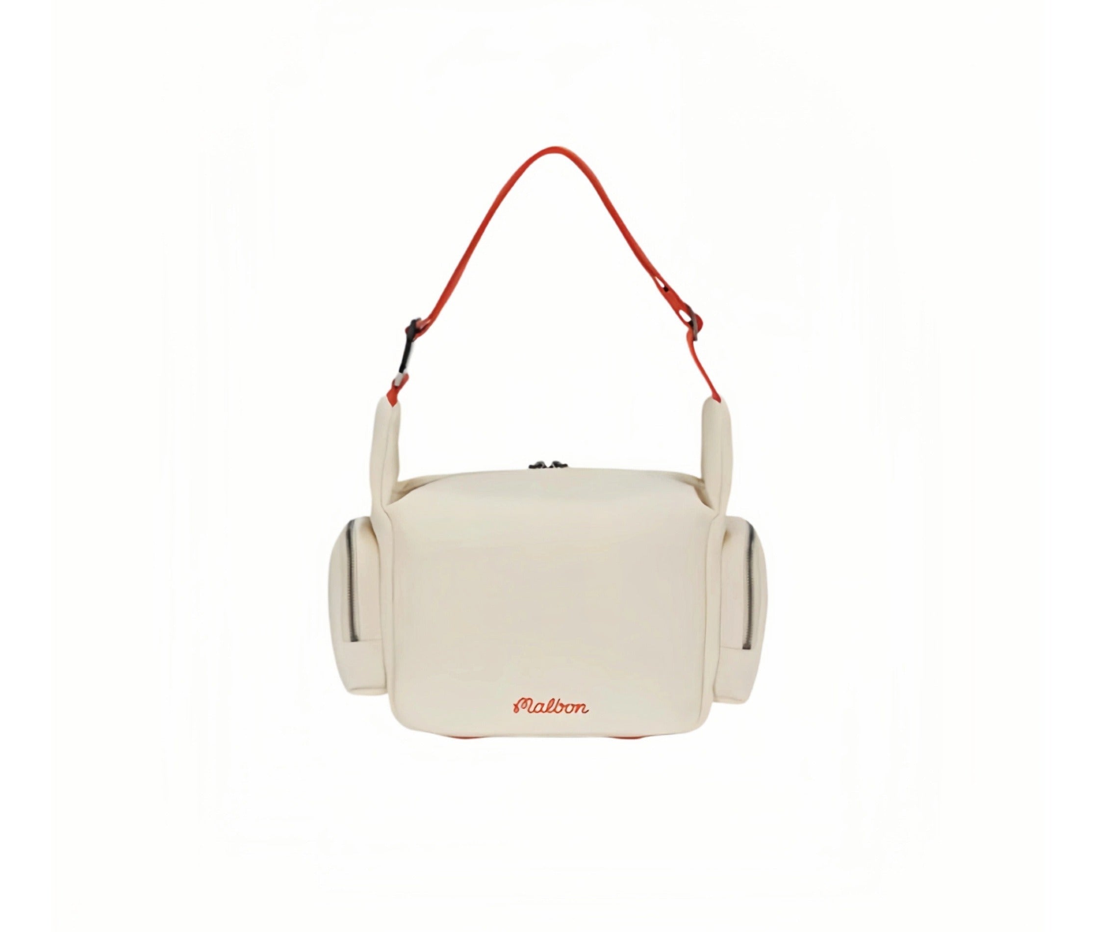 Front view of Malbon Golf small shoulder bag in cream showing minimalist red "Malbon" embroidery at bottom center, dual side zip pockets, and orange adjustable crossbody strap