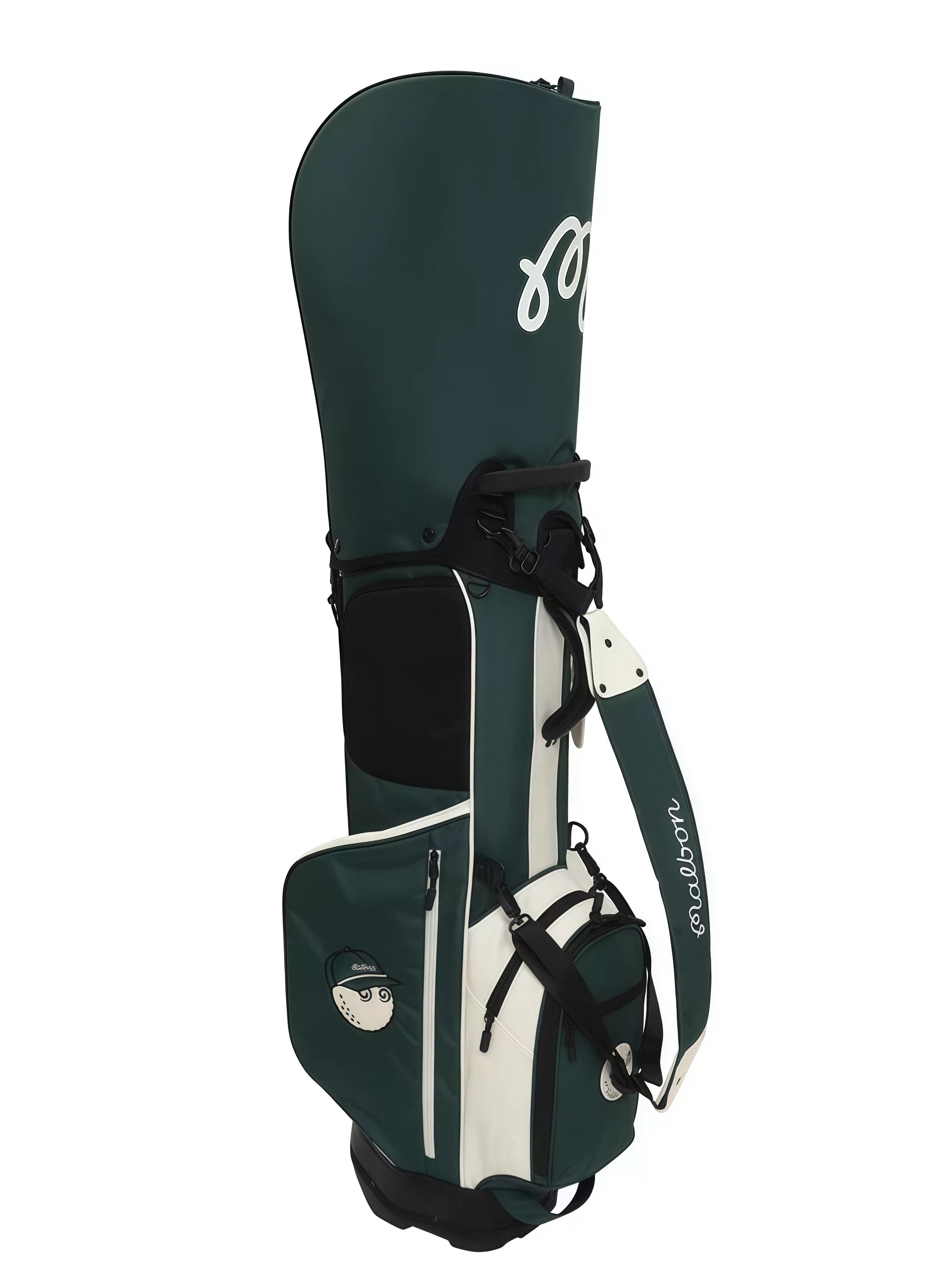 Side view of Malbon Golf stand bag in forest green and white PU leather featuring a cartoon golf ball character wearing a cap, brand tag, and "Malbon" script logo.