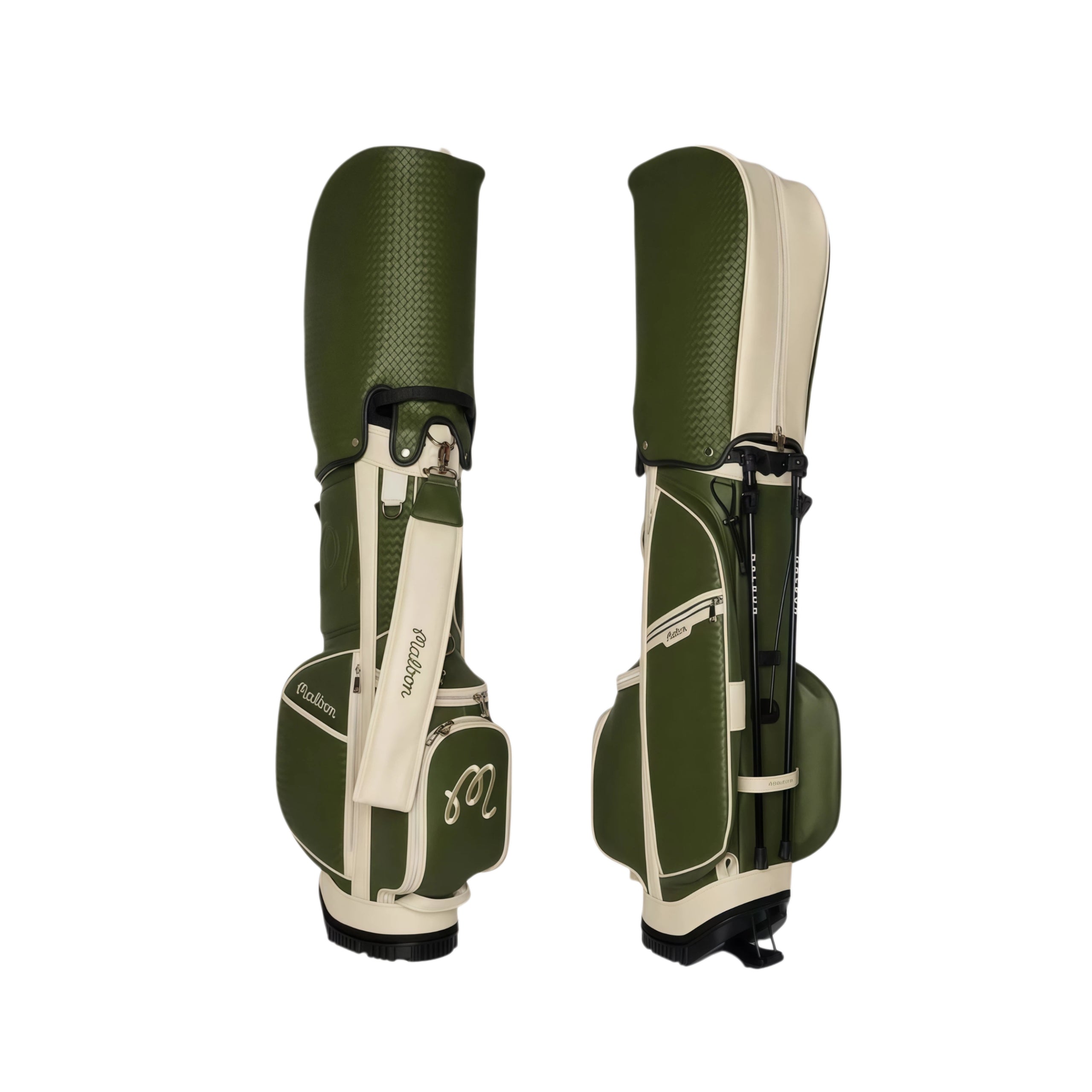 Dual-angle view of Malbon Golf Stand Bag showing front and back design. Features olive green textured PU leather, cream accents, dual straps, and built-in stand system. Ideal for stylish golfers.