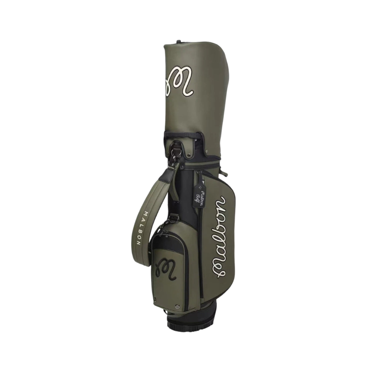 Side view of Malbon golf caddy bag showcasing durable PU leather construction, water-resistant material, side pockets, and brand name "Malbon" in script font.