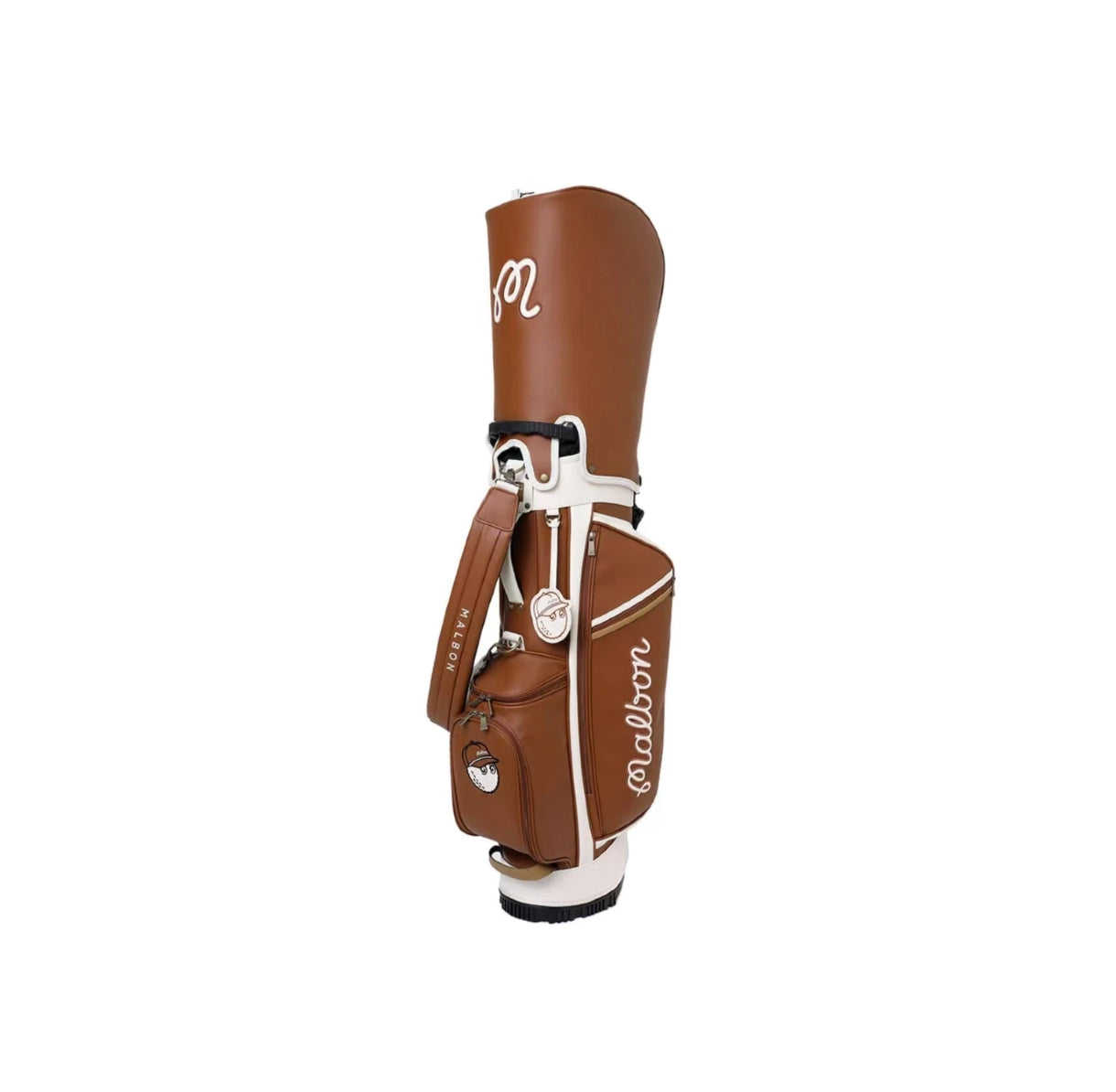 Side view of the Malbon Golf Stand Bag in Brown, displaying the rich PU leather finish, white contrast piping, "Malbon" vertical branding, and the integrated stand mechanism at the base.